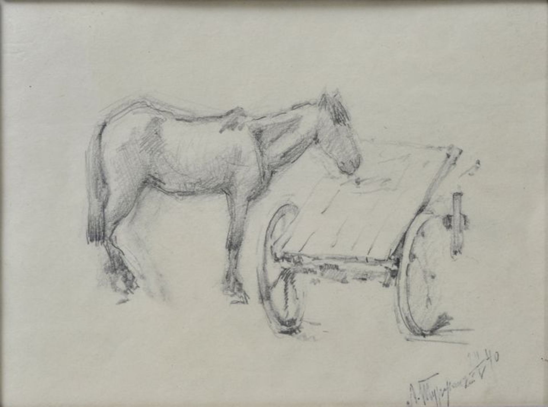 Turschanski, Leonid Viktorowich. 1875-1945, russischStudie: Pferd und Karren. 1940. Bleistiftskizze,