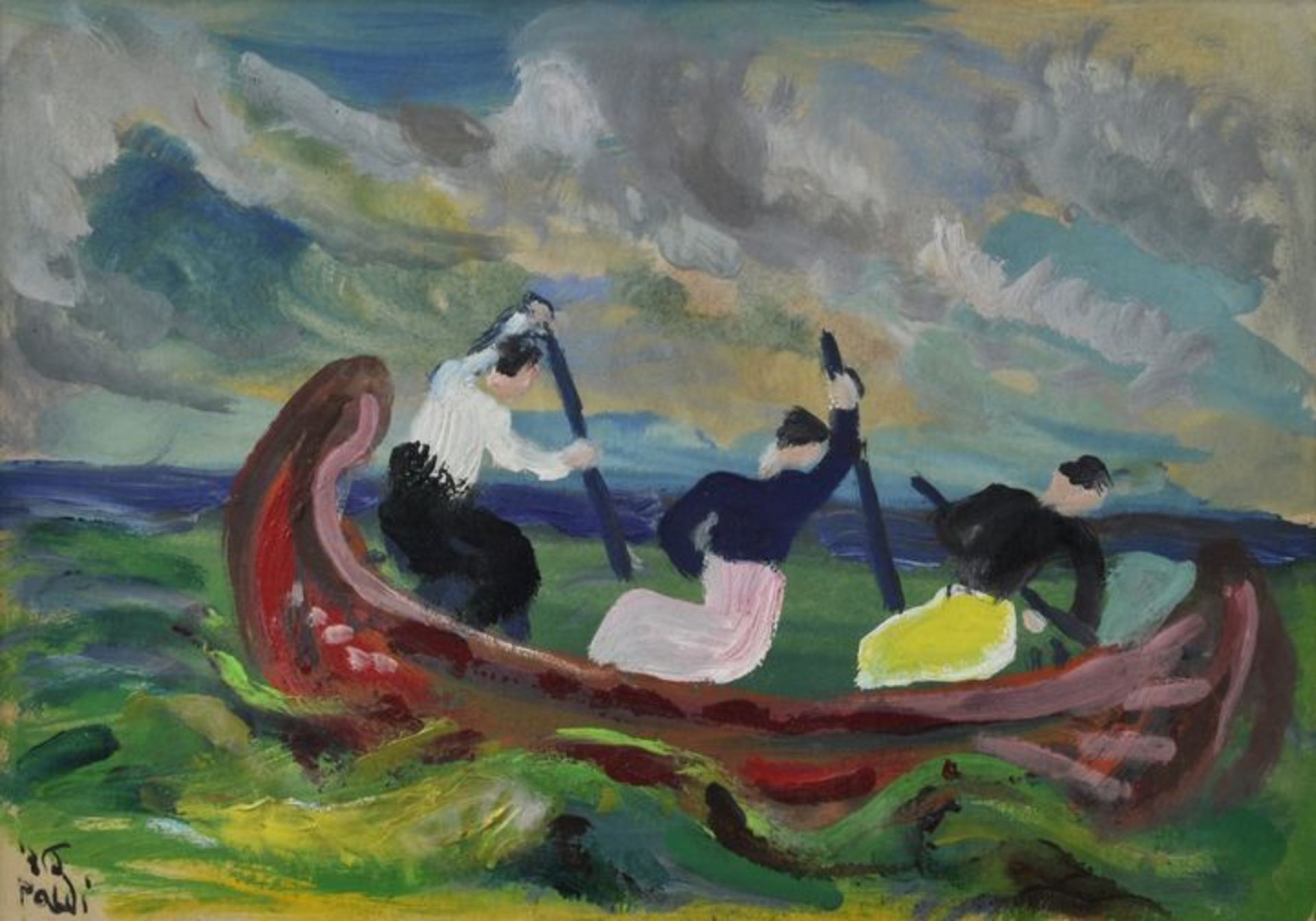 Paldi, Israel. 1892 Radynsk/ Ukraine-1979.Boot mit drei Ruderern. Gouache/ Öl auf Papier, li. u.