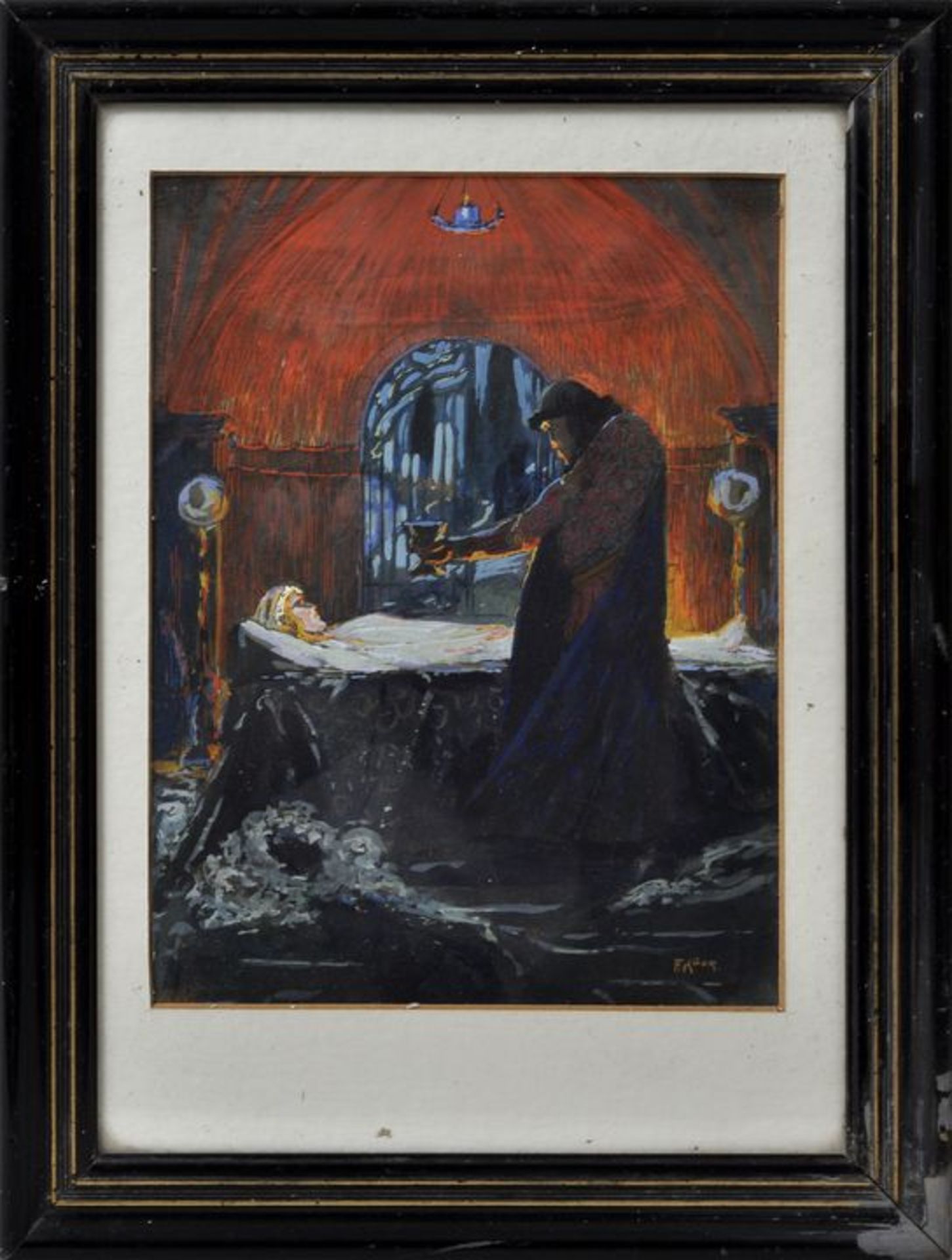 Köck, Franz. 1886-1975 Graz.Mystische Szene mit Schamane und aufgebahrter junger Frau in Gruft. - Bild 2 aus 3