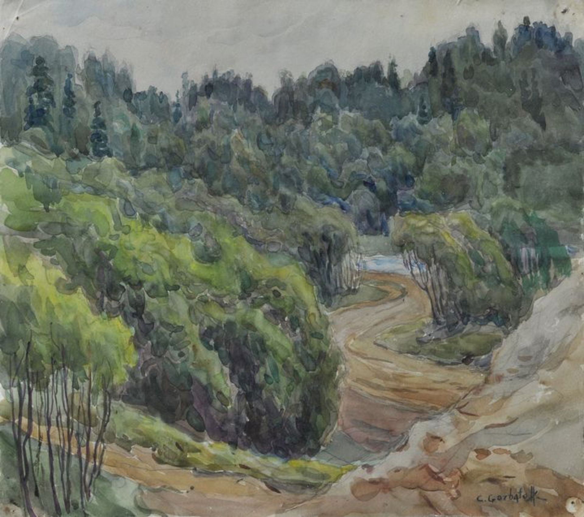 Gorbatov, Konstantin Ivanovich. 1876 - 1945Weg zum Waldsee. O.J. Aquarell über Blei. In Schwarz