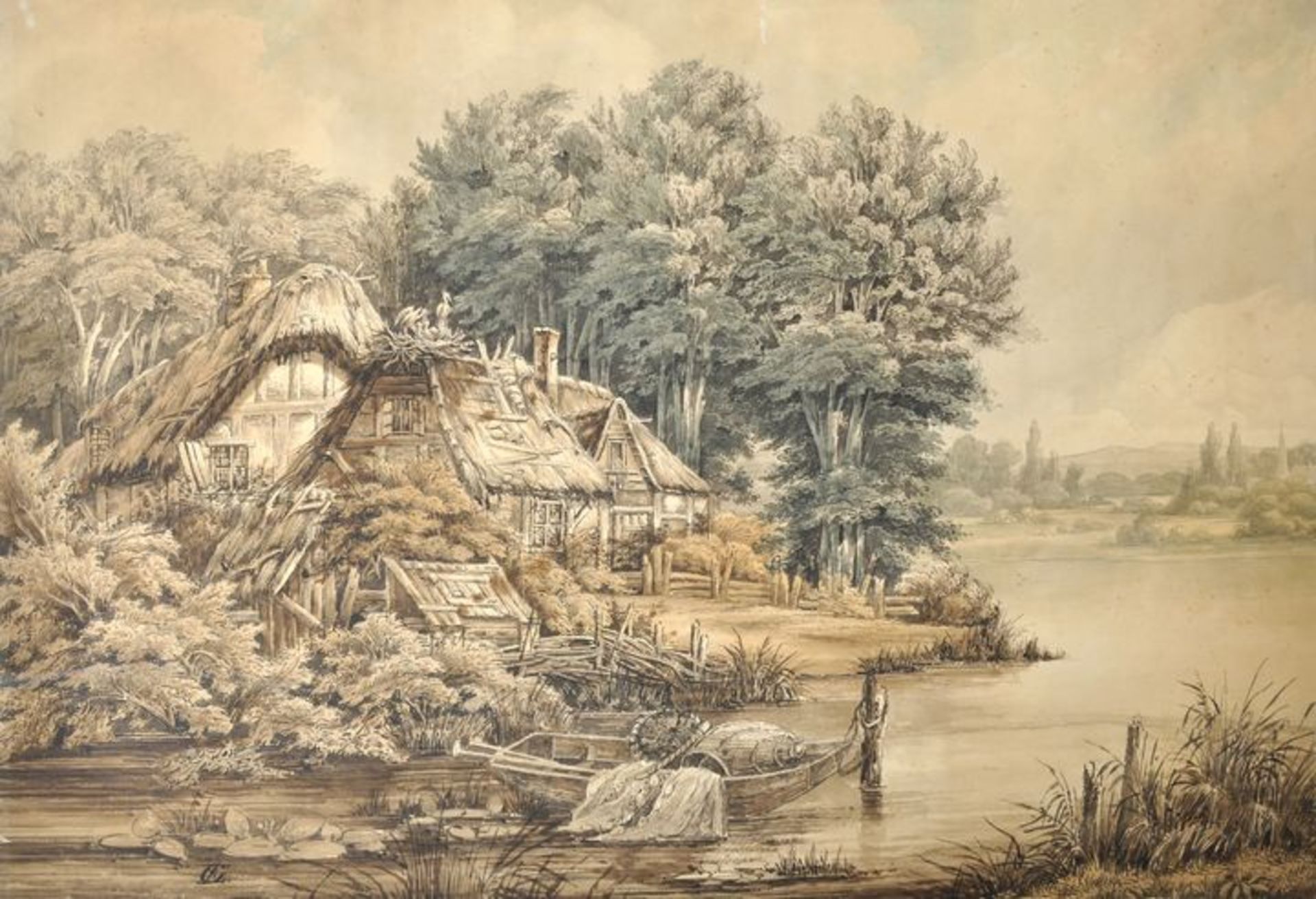 Grieben, Eduard. 1813-1870 Berlin.Landschaft mit verfallenen Bauernkaten an Flussufer.