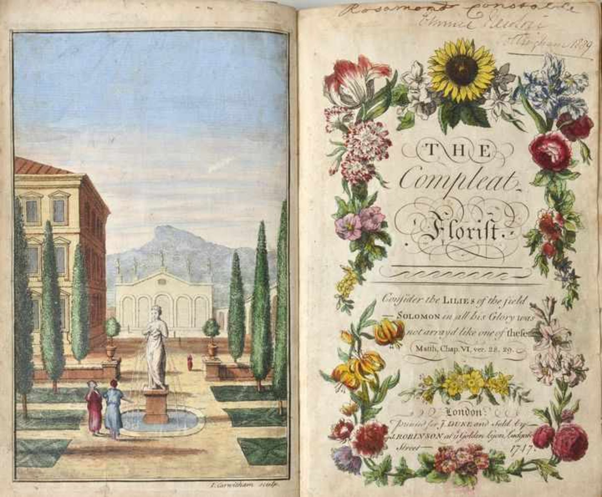 Duke, J.: The compleat florist. London: J. Robinson1747. 21,2 x 13,5 cm. Mit kolor. gest. Front. von