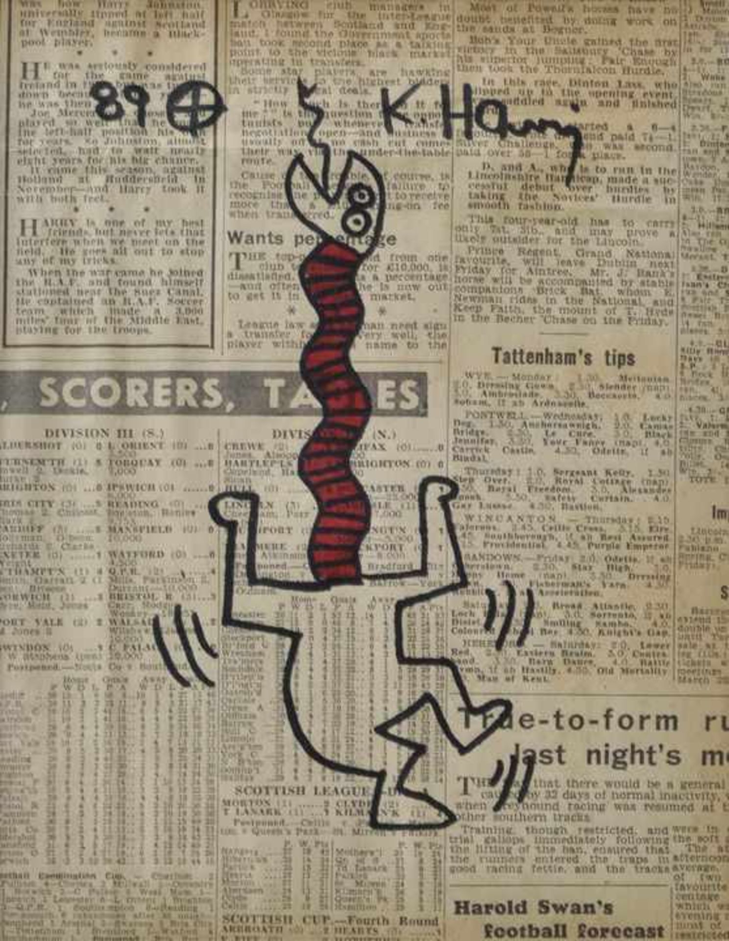 Haring, Keith. 1958 Kutztown - 1990 New York.O.T. 1989. Figur auf Zeitungsausschnitt, Marker/ Edding