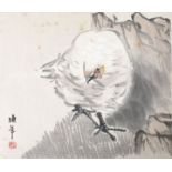 Unbekannt, Japan, 20. Jh.Huhn. Farbholzschnitt, Signaturstempel in Rot, Blatt stark stockfleckig und