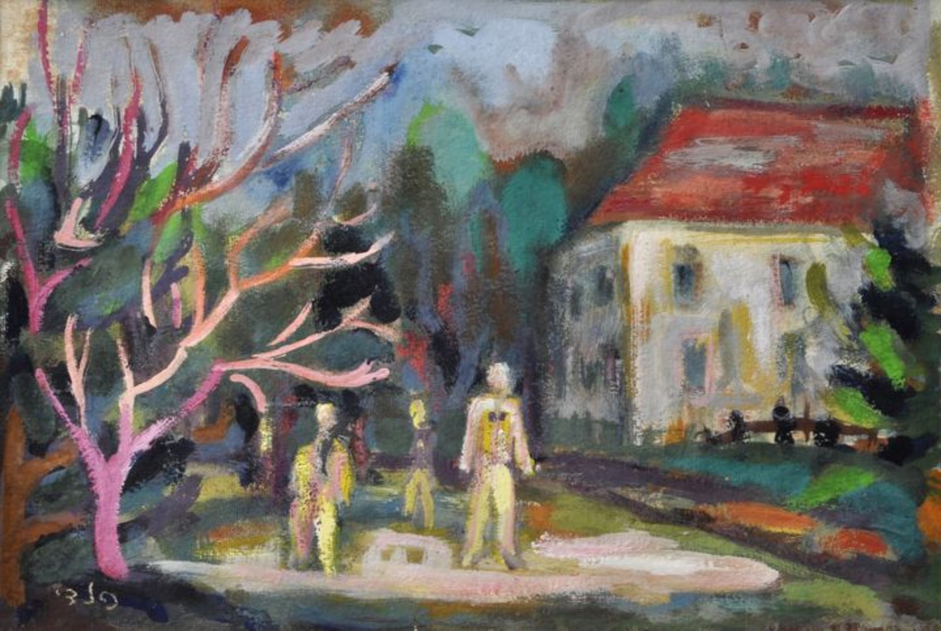 Paldi, Israel.Figurengruppe vor Gebäude. Gouache, li. u. hebräisch sign. 26 x 37,5 cm (PA).