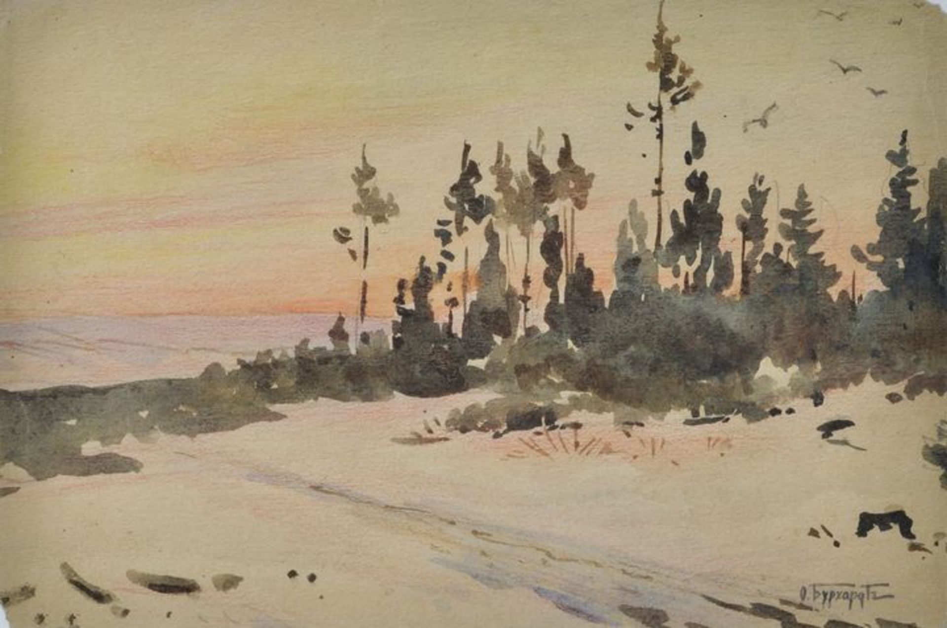 Burkhardt, Fedor Karlovich. 1854-1918 RusslandLichtstimmung über Nadelwald. Aquarell/ Farbstift, re.