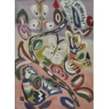 Paldi, Israel.Komposition mit Schmetterlingen, Vögeln und Blume. Gouache/ Öl auf Papier, li. u.