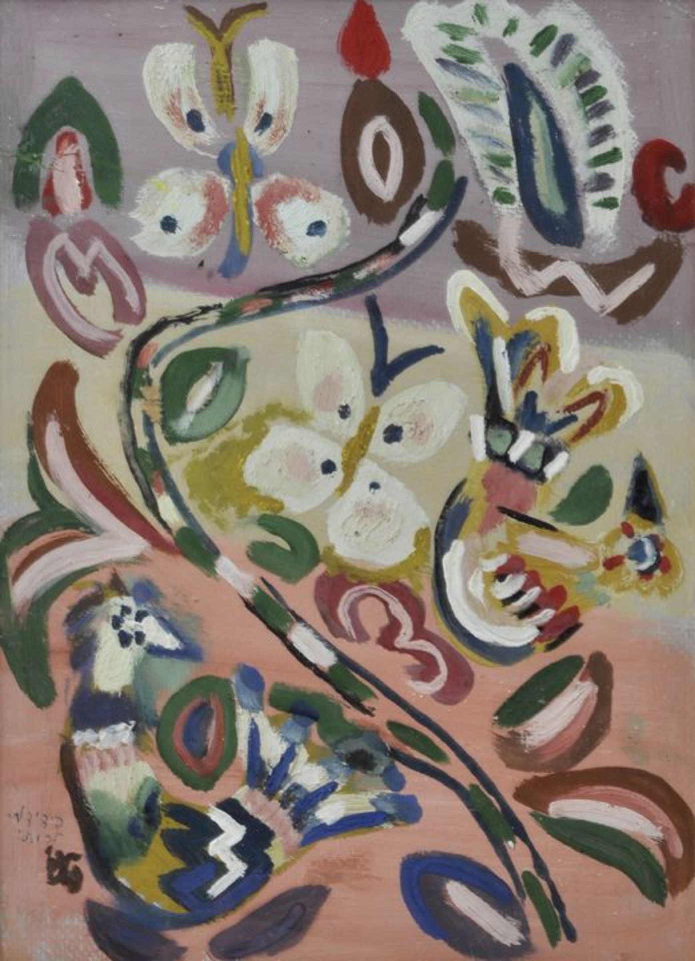 Paldi, Israel.Komposition mit Schmetterlingen, Vögeln und Blume. Gouache/ Öl auf Papier, li. u.
