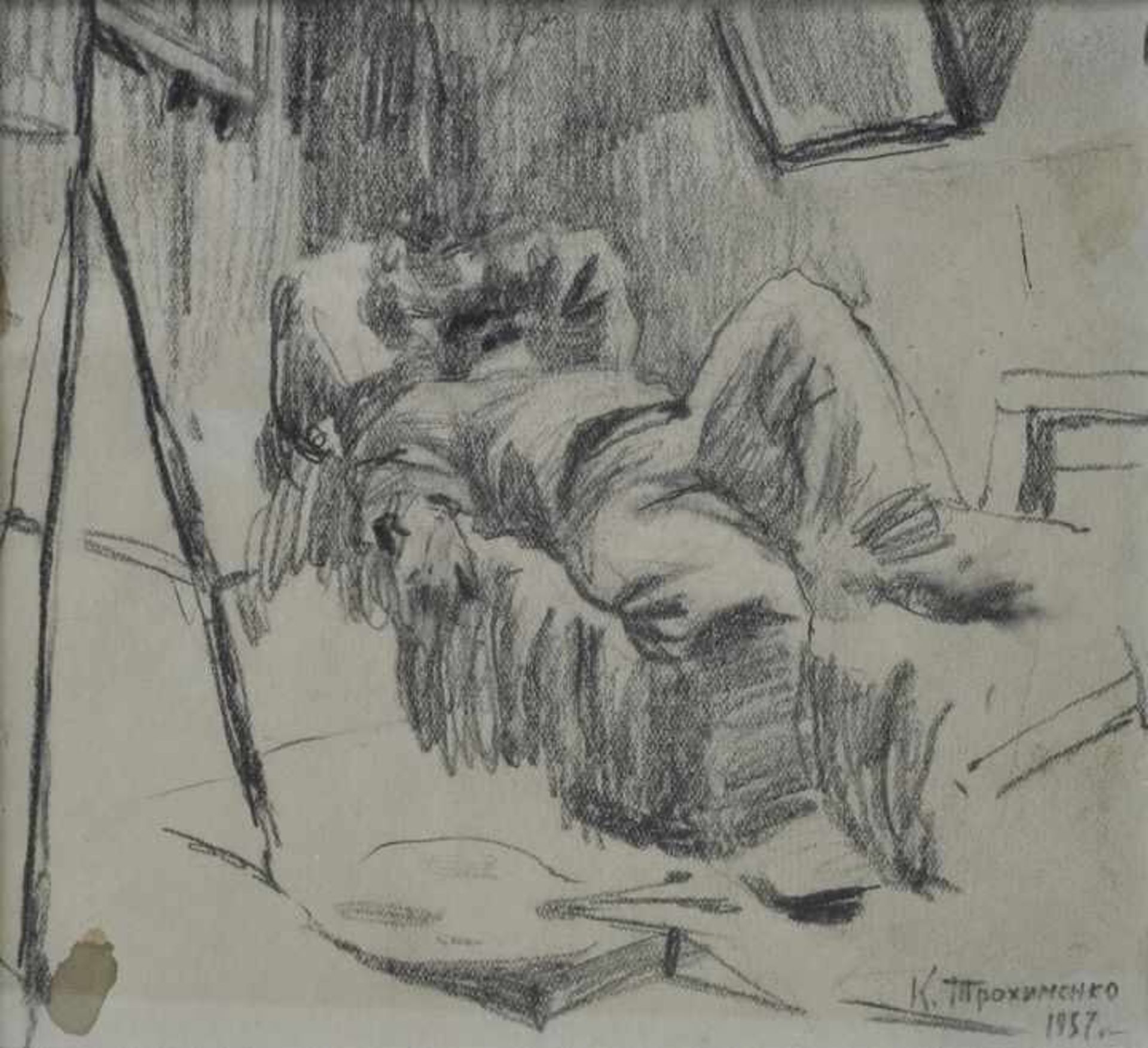 Trochymenko, Karpo Demjanovyc. 1885 - 1979Ruhepause im Atelier. 1957. Graphitzeichnung. In Graphit