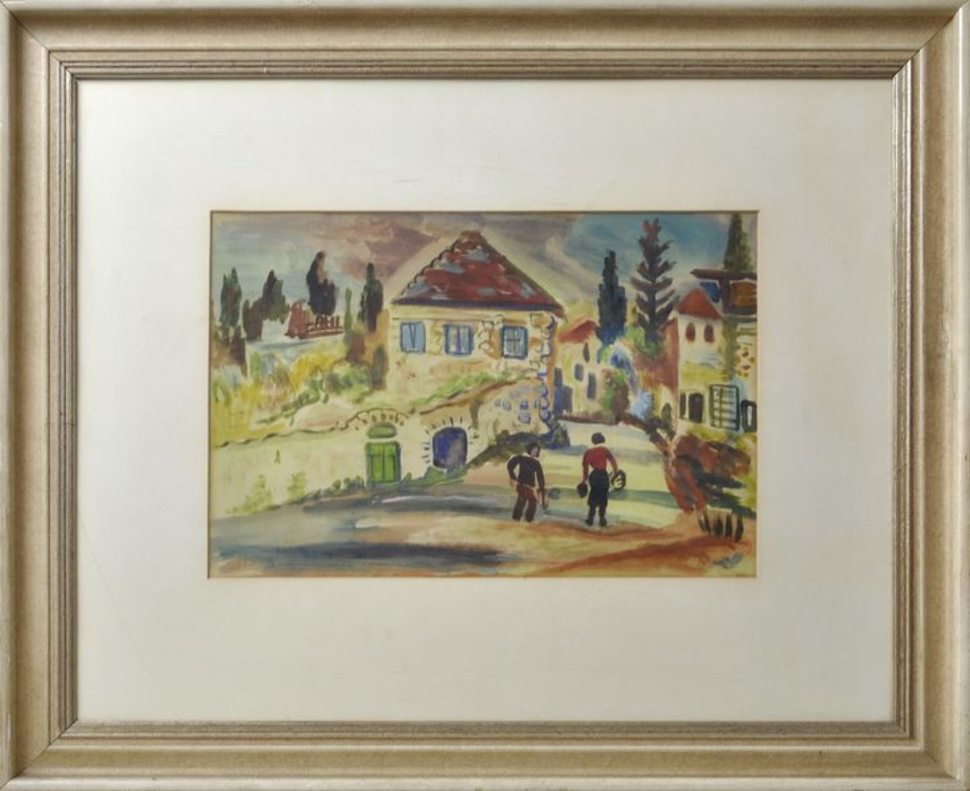 Paldi, Israel.Zwei Figuren auf häusergesäumter Straße. Aquarell/ Gouache, li. u. hebräisch sign., 34 - Bild 2 aus 3