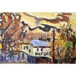 Monogrammiert "Chr.", dat. 1930Herbstliche Landschaft mit Blick auf Restaurant. Aquarell, li. u.