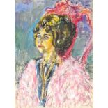 Hassebrauk, ErnstDresden 1905 - 1974 Dame in rosa Pelz. 1970. Crays-Pas. U.re. signiert.79,5 x 63,