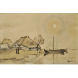 Scheele, Hugo. 1881 Arnsberg-1960 GreifswaldHaus mit Booten an der Küste. 1941. Aquarell. u. re.