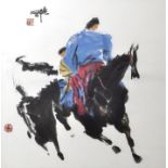 Jia Haoyi (geb. 1938)Reiterszene. Rückseite auf Papieretikett betitelt: "Happy time". Tusche und