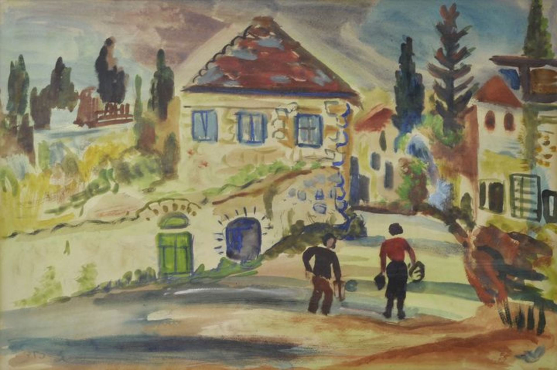 Paldi, Israel.Zwei Figuren auf häusergesäumter Straße. Aquarell/ Gouache, li. u. hebräisch sign., 34