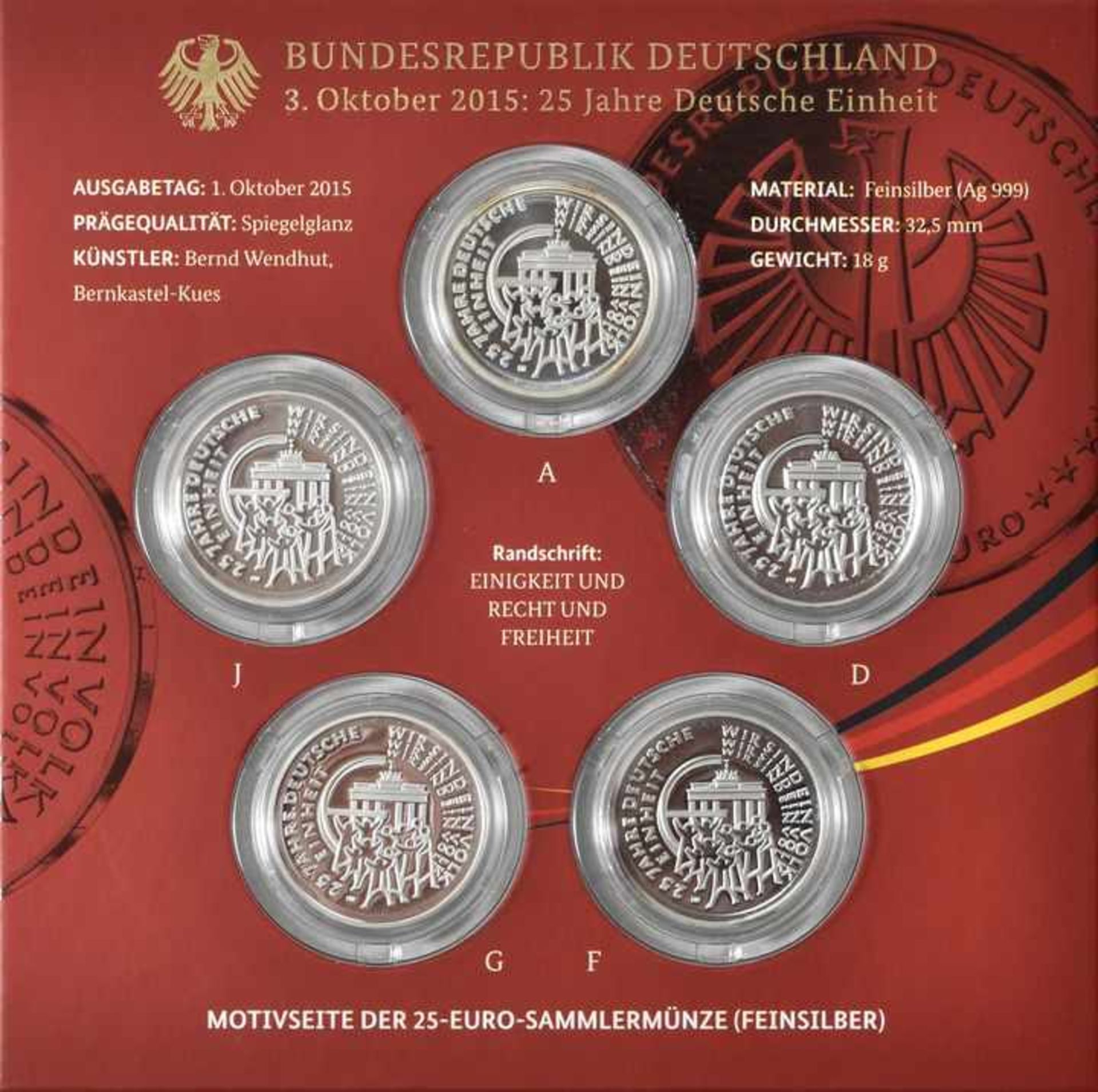 Sammlermünzenset v. 5 x 25 Euro, BRD, 201525. Jahrestag des Beitritts der DDR zur BRD - 2. Ausg.,
