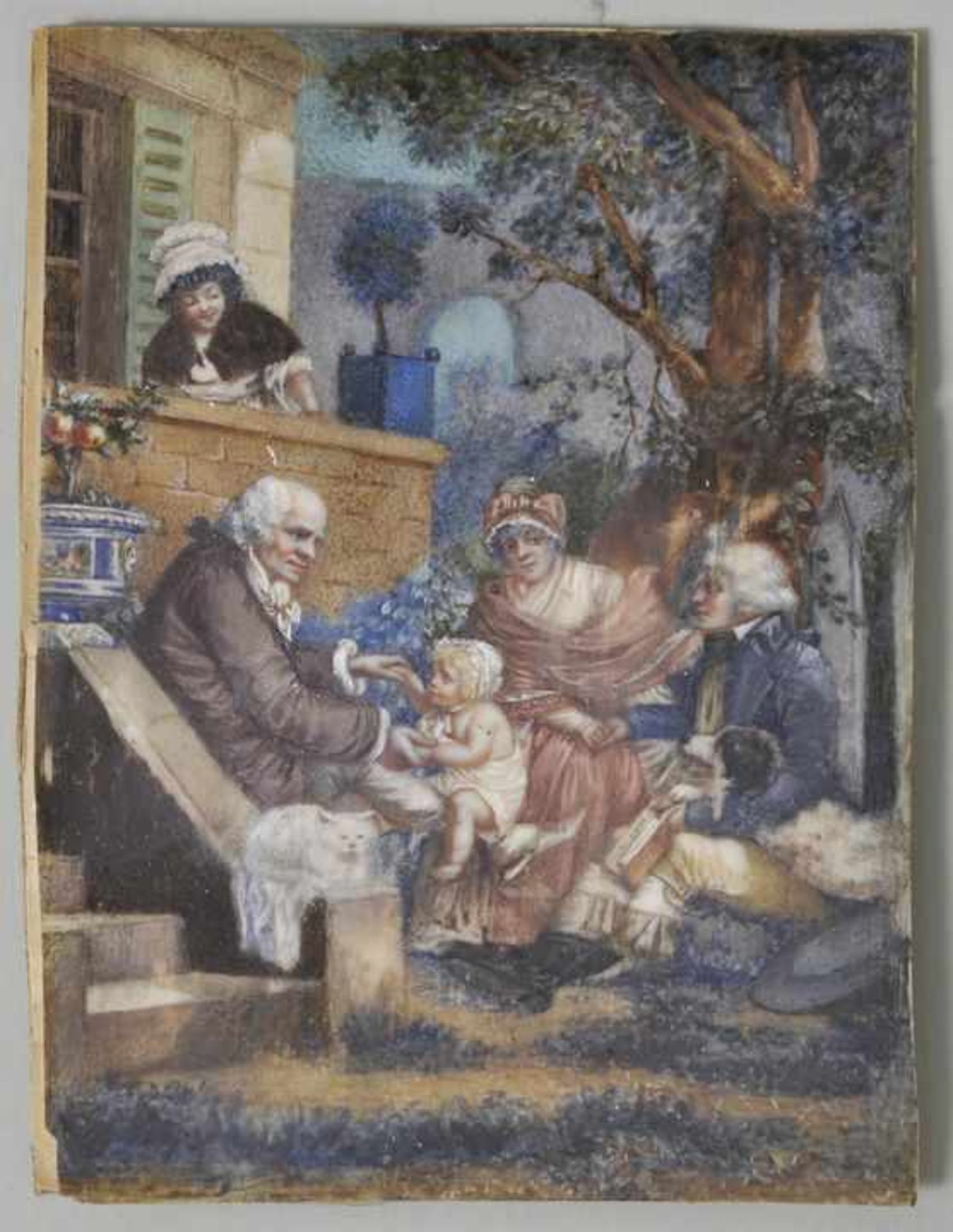 Unbekannter Miniaturist, wohl Frankreich, um 1800Gruppenbildnis einer Familien im Garten vor der - Image 2 of 3