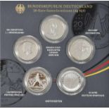 Sammlermünzenset 5 x 20 Euro Silber, BRD, 2017Jg. 2017. Silber 925, Spiegelglanz, orig. Blisterpack.