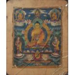 Thangka, Tibet, 19. Jh. oder früherGouache auf Leinwand. Im Zentrum thront die grüne Tara auf