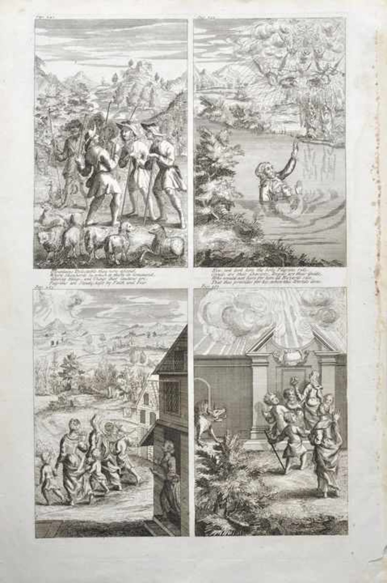 Anonym, 18. Jh.:Acht Illustrationen zu The pilgrim's progress, auf zwei Bll.; Kupferstiche auf