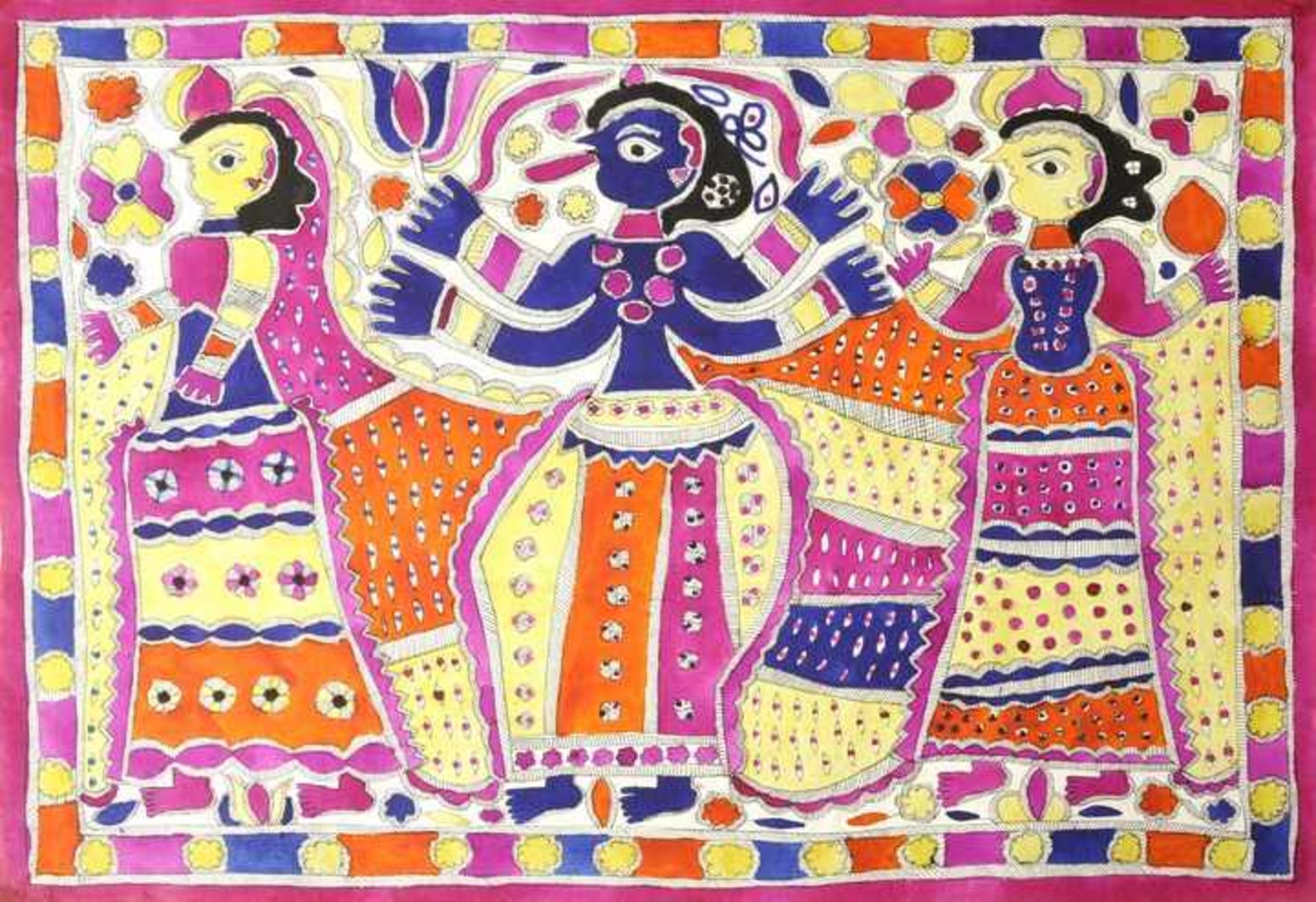 Die Göttin Kali und zwei weibliche BegleiterTusche / Gouache. Unsigniert. Nordindien, Madhubani /