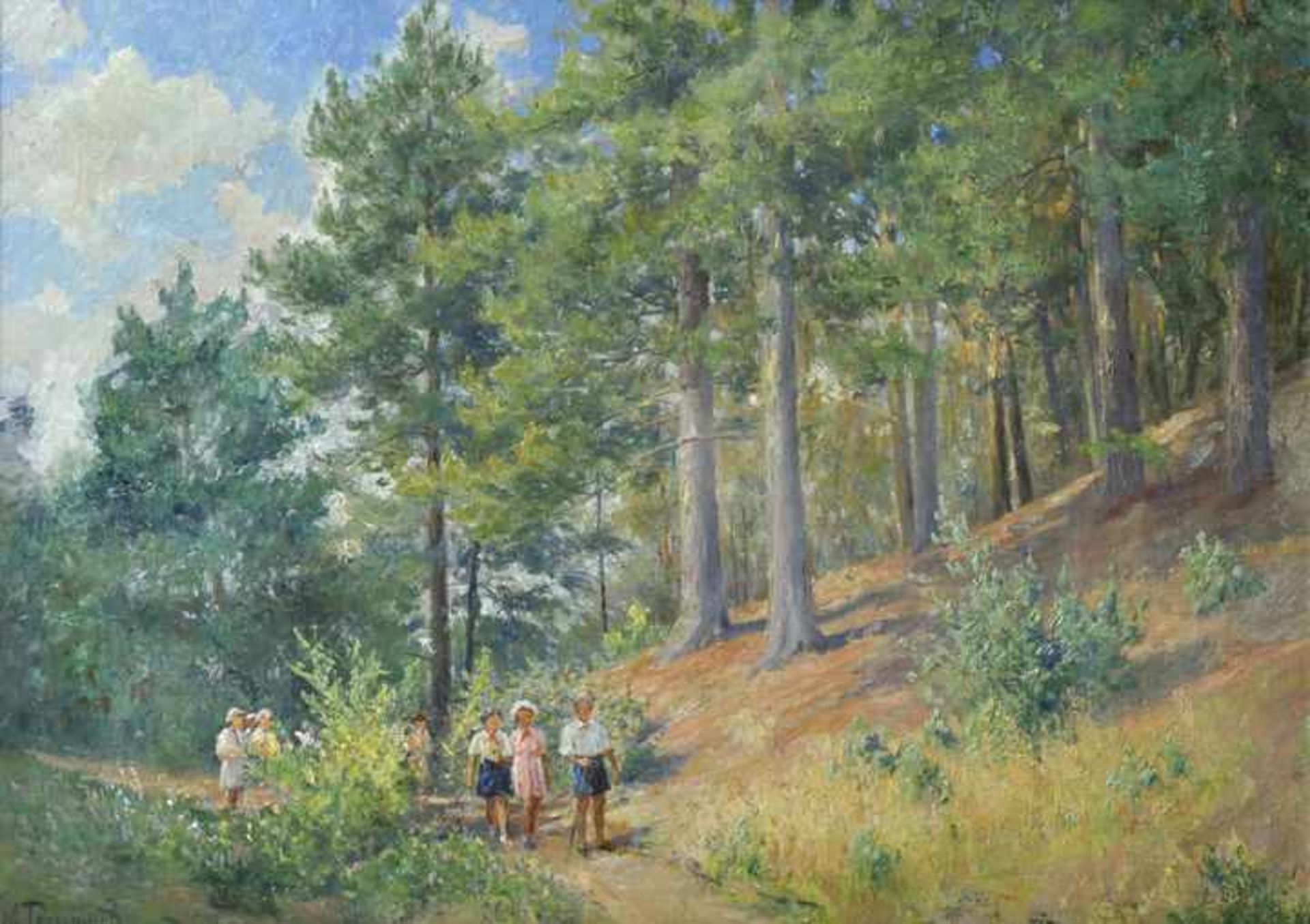 Russischer Künstler, ca. 1970Spaziergang der Jungpioniere im Wald. Öl auf Malplatte, li. u. sign. "