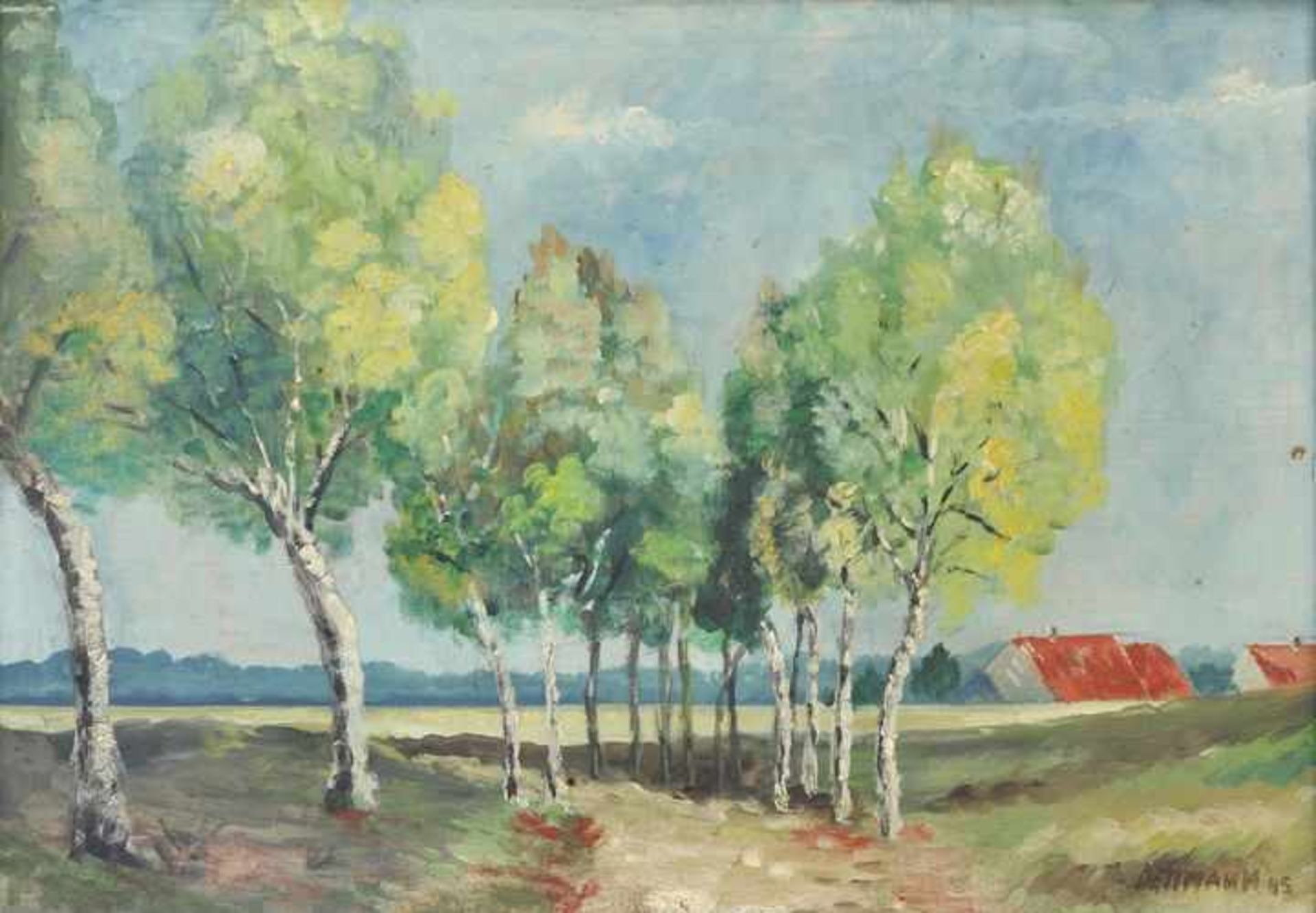 Dettmann, ? Mitte 20. Jh.Sommerliche Landschaft mit birkengesäumtem Hohlweg. 1945. Öl auf - Bild 2 aus 2