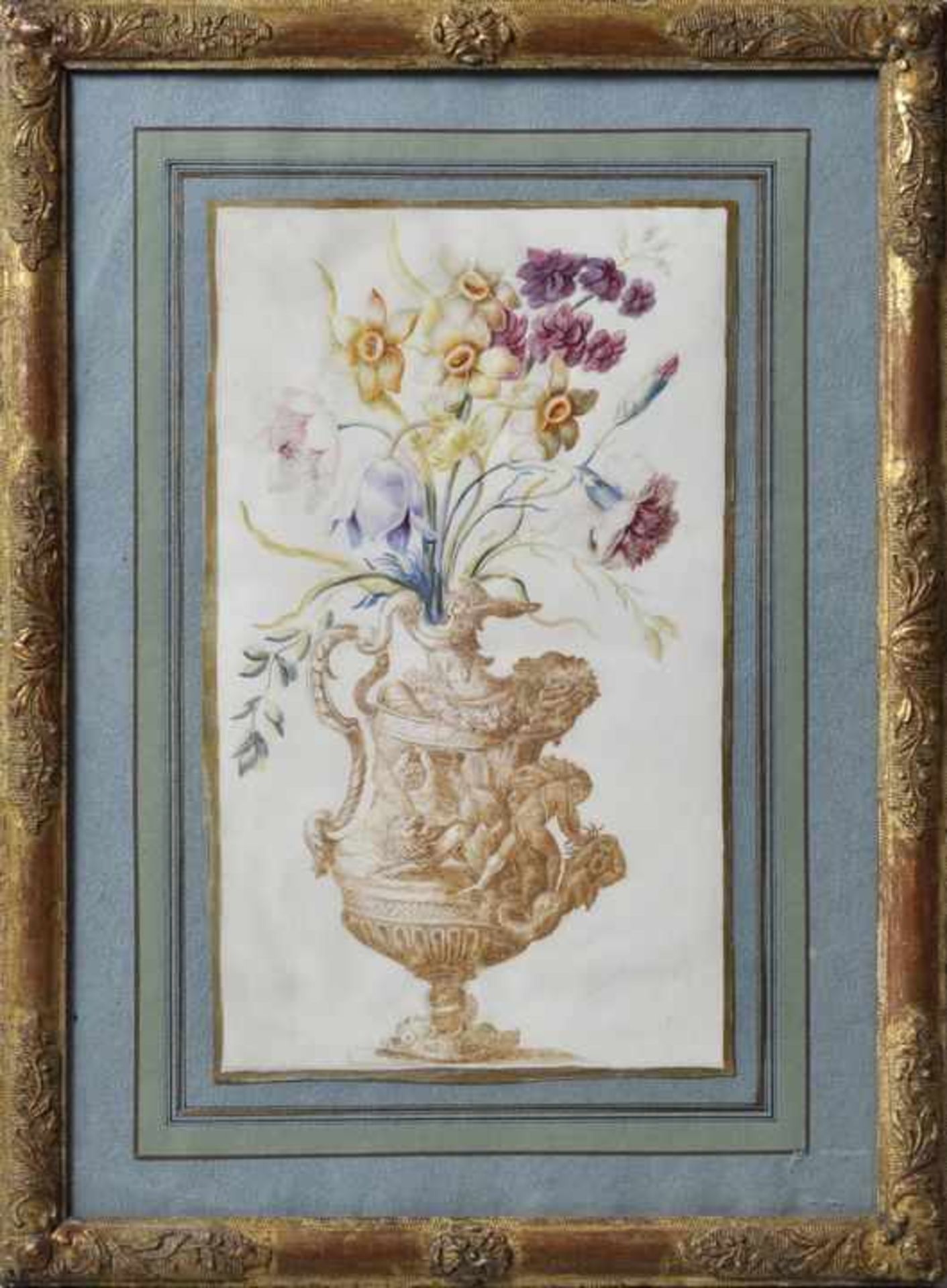 Unbekannt, mglw. England, 18. Jh.Blumenstillleben mit grotesker Vase. Gouache/ Tusche auf Pergament, - Image 4 of 4