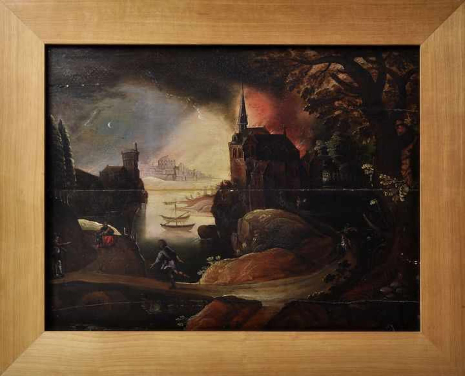 Deutscher Meister, 17. Jh.Nächtliche Feuersbrunst. Öl auf Holz, 51 x 66 cm. Gerahmt. - Image 3 of 4