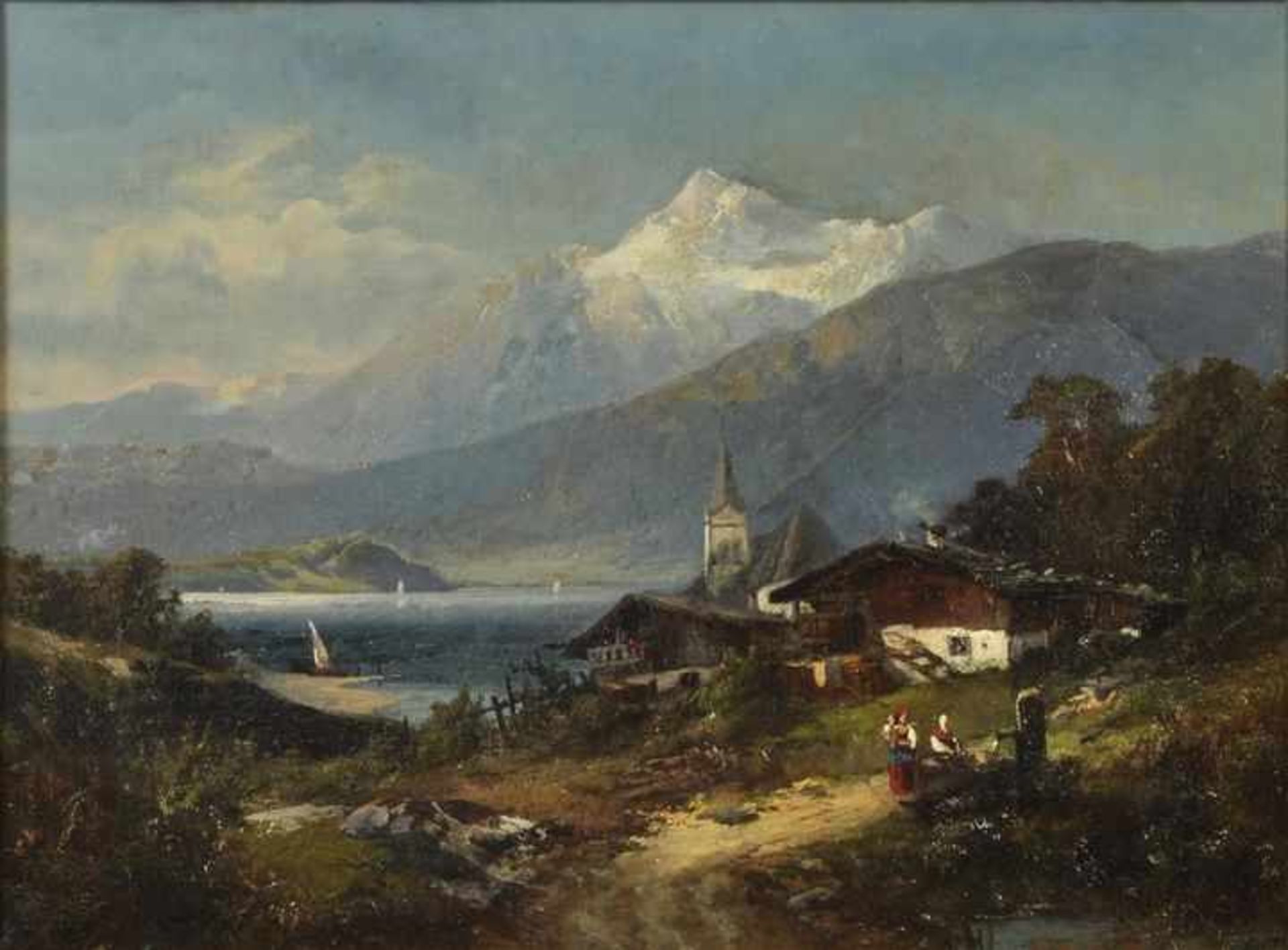 Hiller, Heinrich. 1866-1894 erwähnt, tätig in Berlin, zugeschriebenAlpensee mit kleinem Dorf. Öl auf