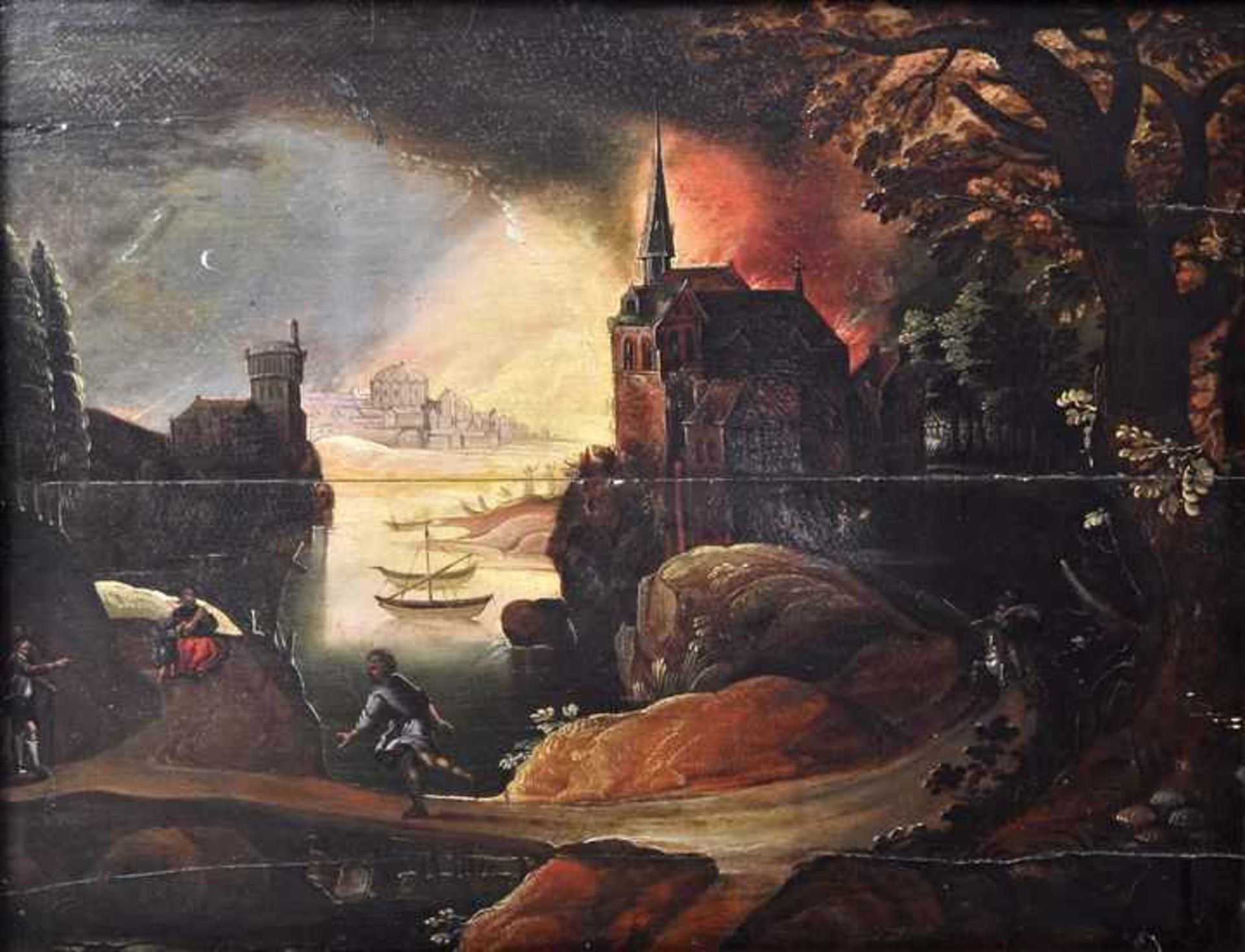Deutscher Meister, 17. Jh.Nächtliche Feuersbrunst. Öl auf Holz, 51 x 66 cm. Gerahmt.