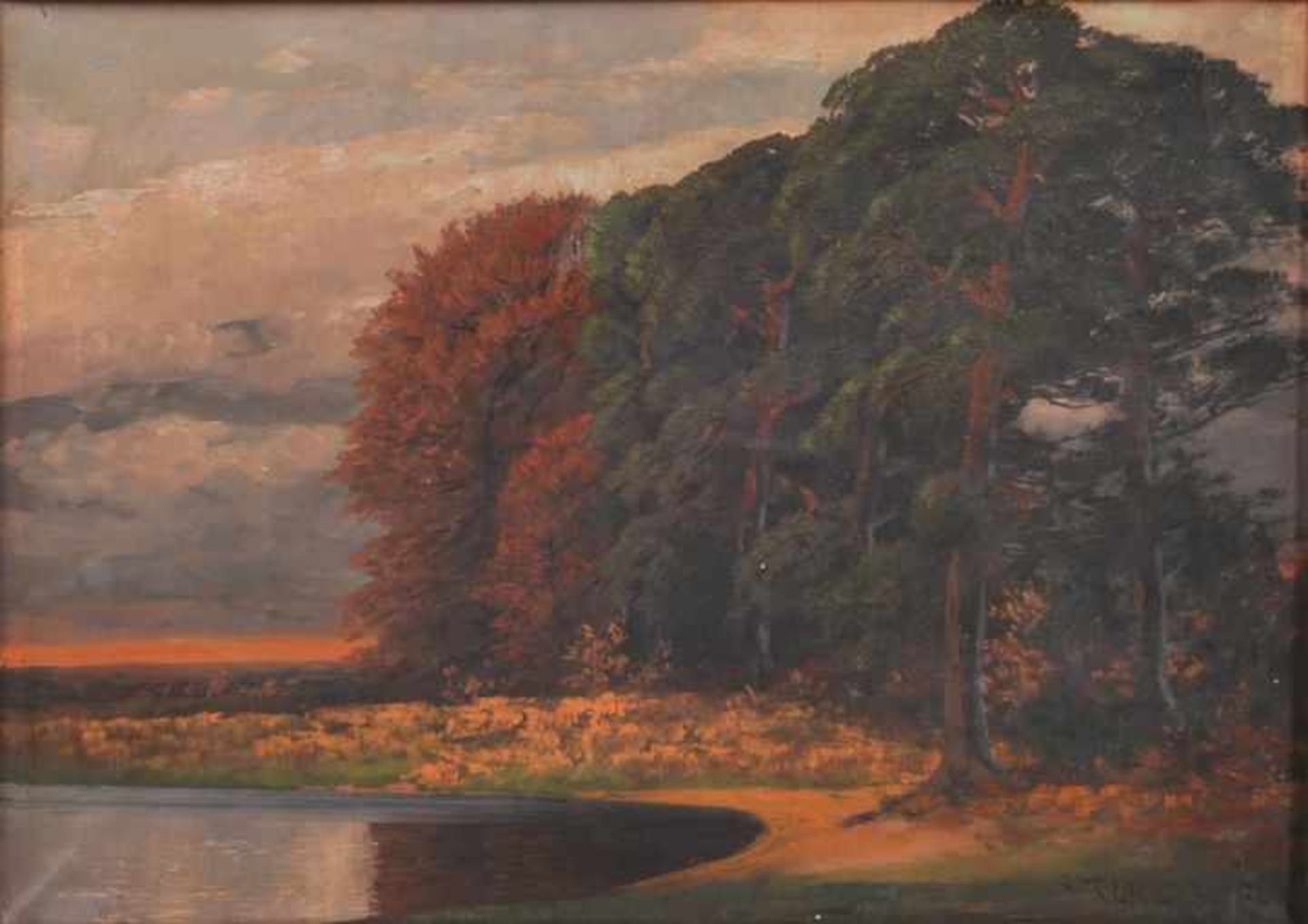 Hellgrewe, Rudolf. 1860 Hammerstein-1935 BerlinLandschaft im Sonnenuntergang. Öl auf Leinwand, re.