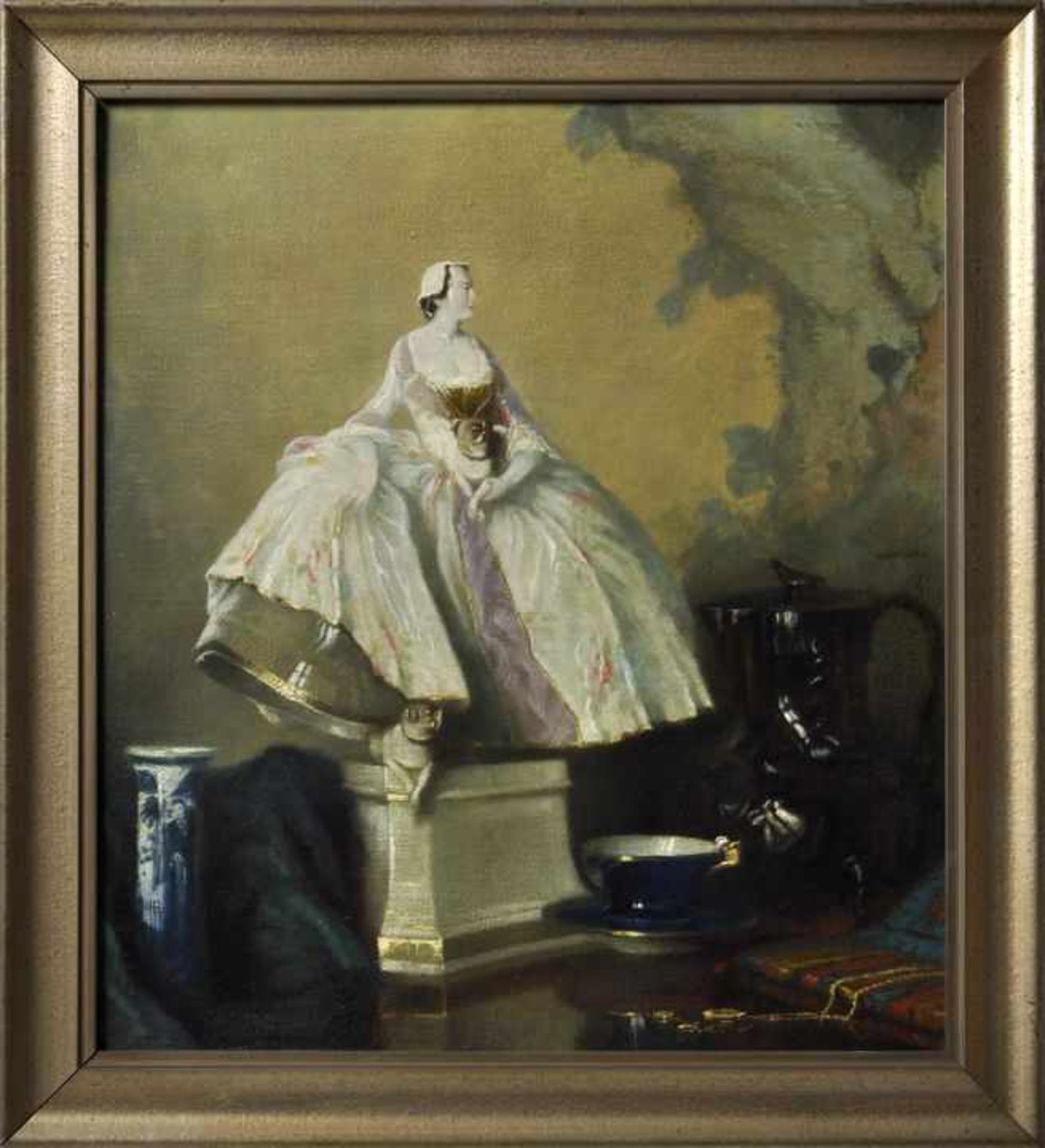 Dürschke, Max. 1875 Glatz-1930Stillleben mit Porzellan-Krinolinendame. Öl auf Leinwand, am re. - Bild 4 aus 4