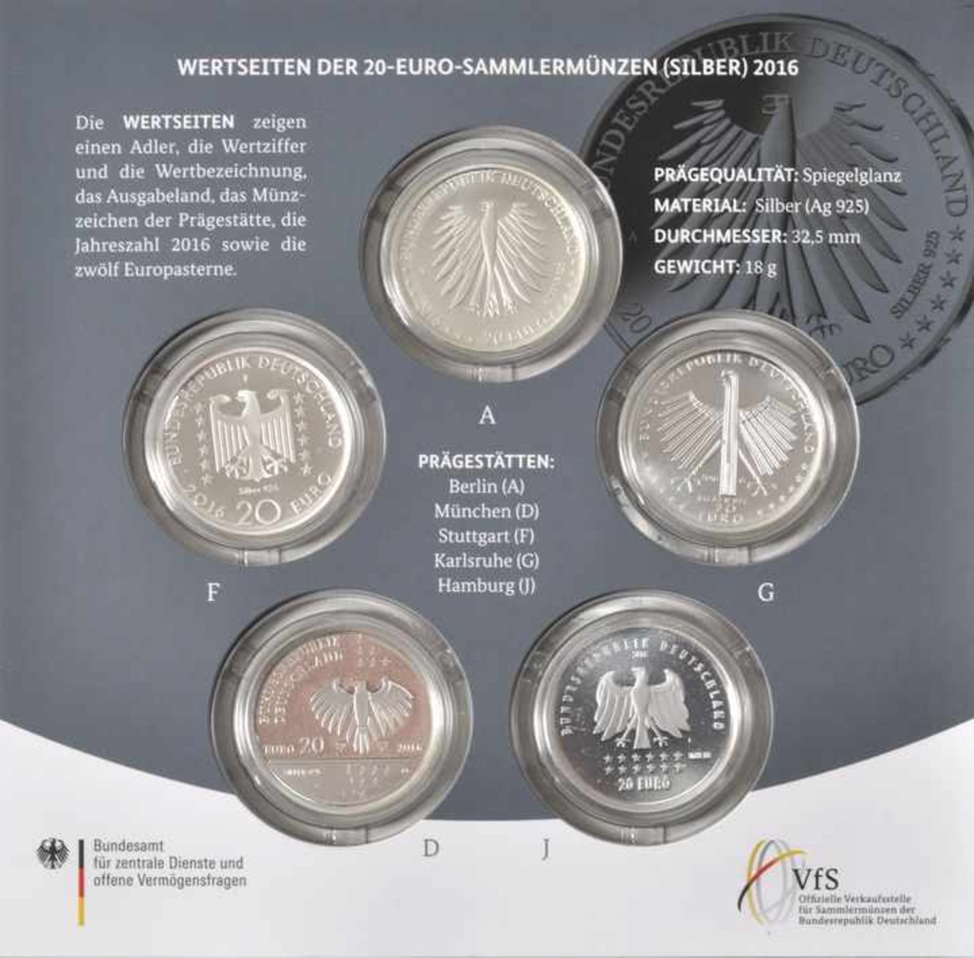 Sammlermünzenset, 5 x 20 Euro, BRD, 2016Jg. 2016, Silber 925, A, G, J, D, F, Spiegelglanz, - Bild 3 aus 3