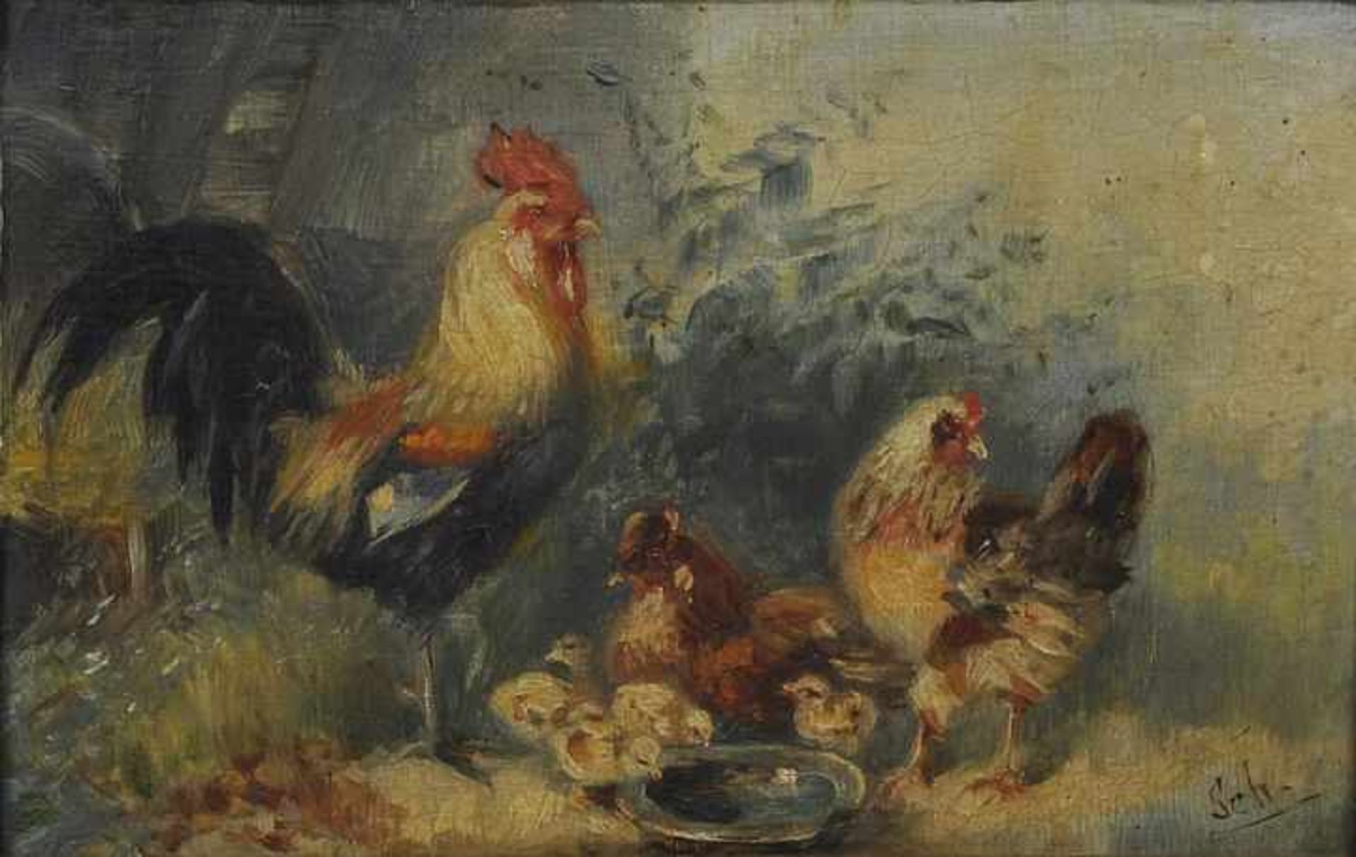 Monogrammist "Sch.", Ende 19./Anf. 20. Jh.Tierstück mit Hühnern. Öl auf Pappe, re. u. monogr. "Sch."