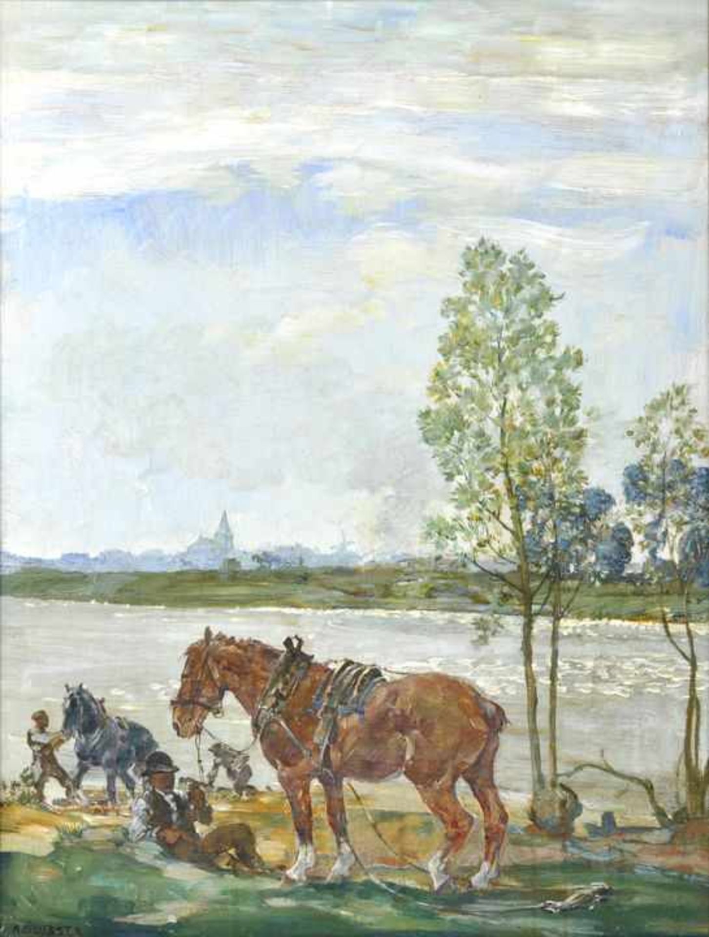 Deusser, August. 1870 Köln - 1942 KonstanzMänner mit Pferden am Fluss. Öl auf Leinwand, doubl.,