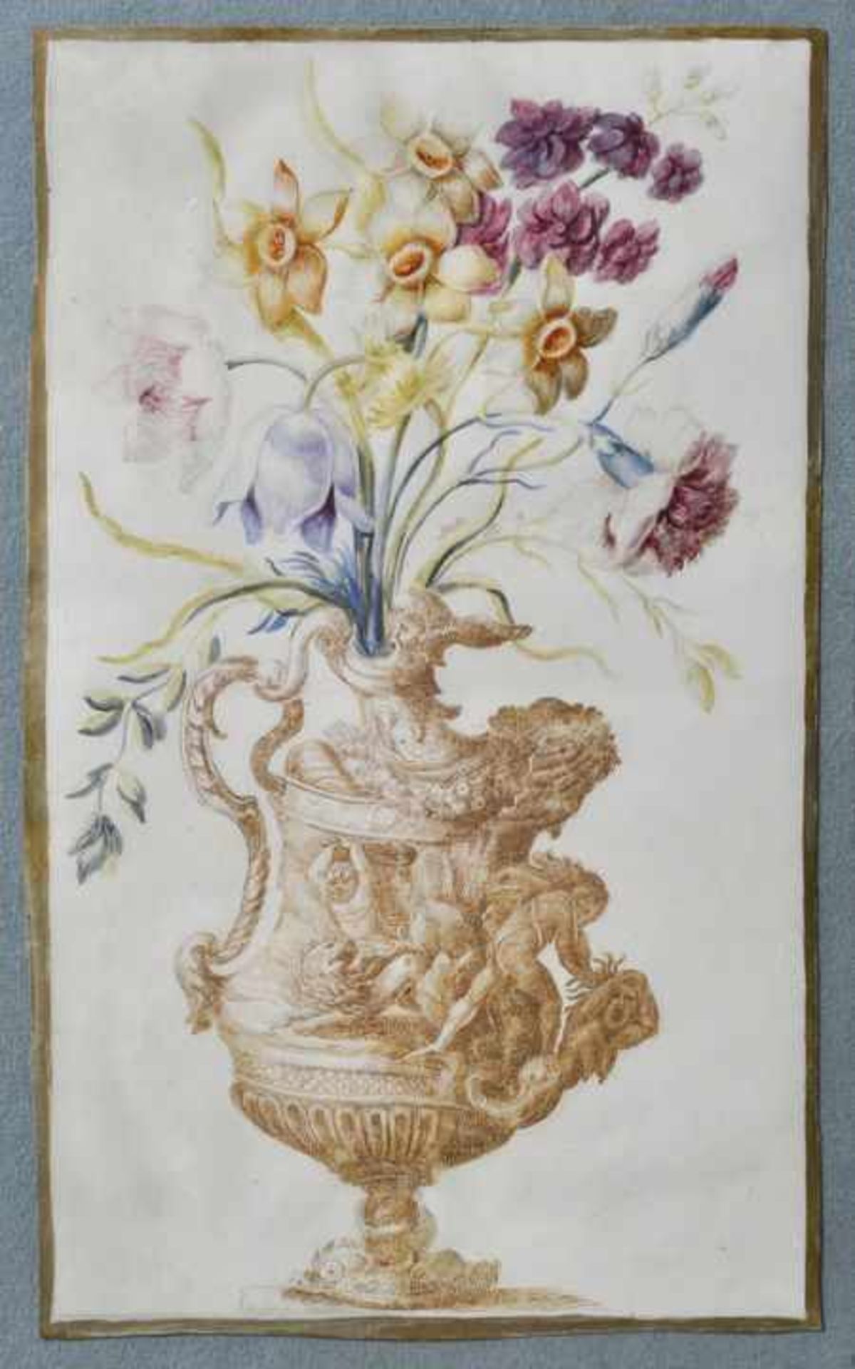 Unbekannt, mglw. England, 18. Jh.Blumenstillleben mit grotesker Vase. Gouache/ Tusche auf Pergament, - Image 2 of 4