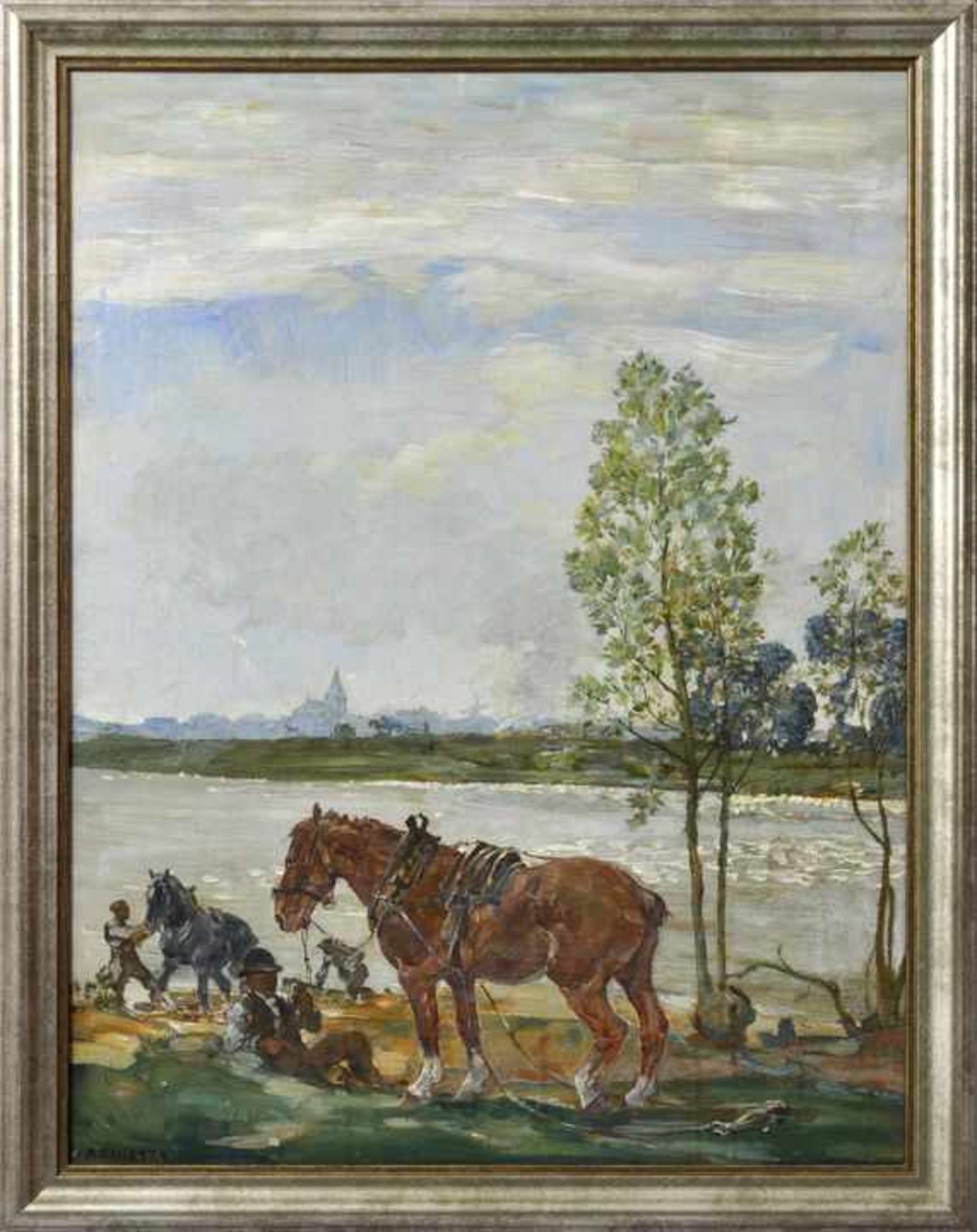 Deusser, August. 1870 Köln - 1942 KonstanzMänner mit Pferden am Fluss. Öl auf Leinwand, doubl., - Bild 3 aus 6