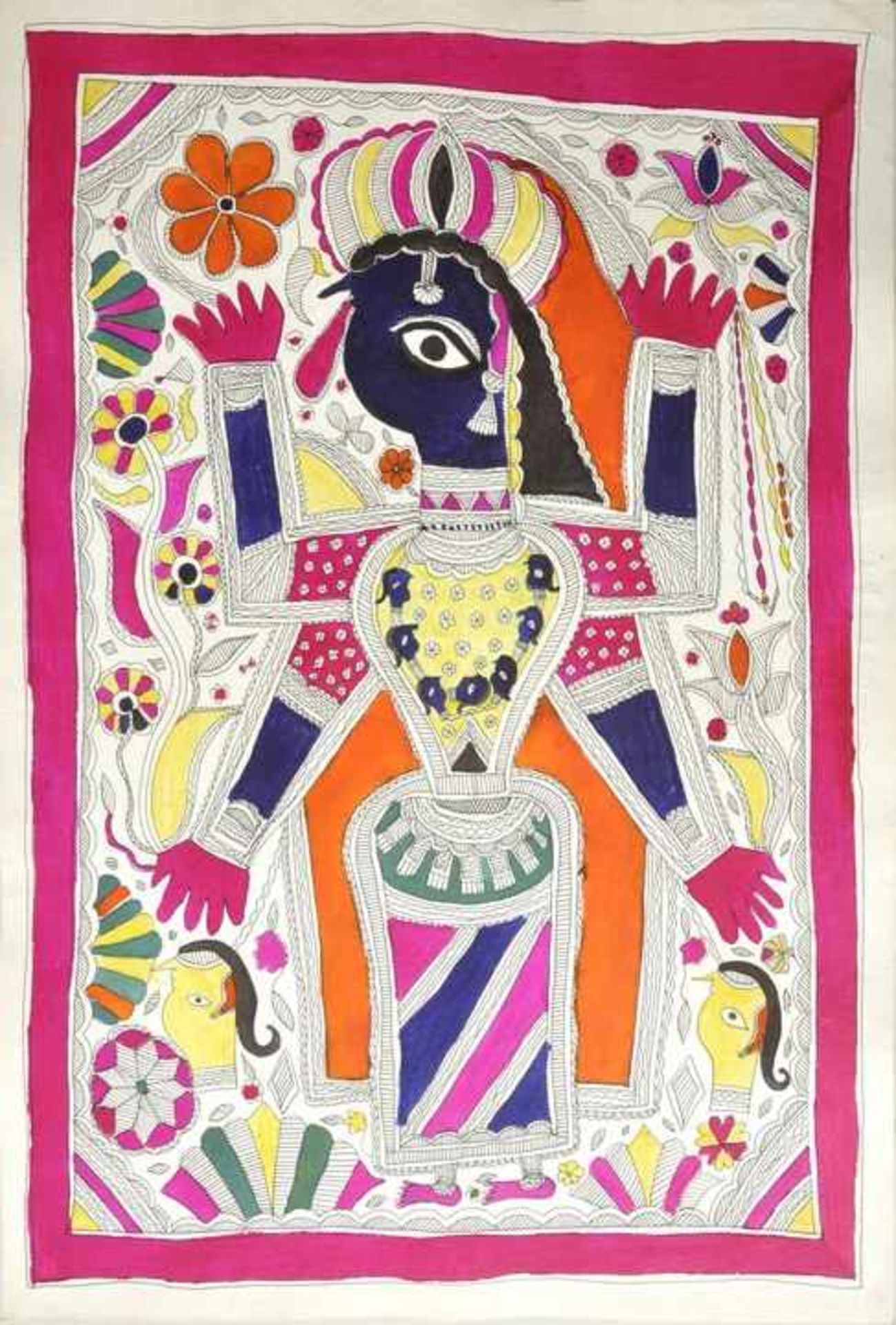 Darstellung der Göttin KaliTusche / Gouache. Unsigniert. Nordindien, Madhubani / Bihar um 1970. 76 x