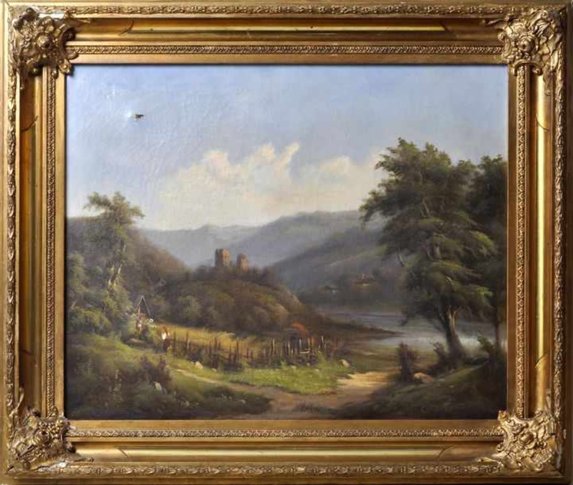 Martin, ? Tätig Mitte 19. Jh.Spätromantische Landschaft mit Burgruine in Flusstal (Rhein?). Um 1850/ - Image 3 of 4