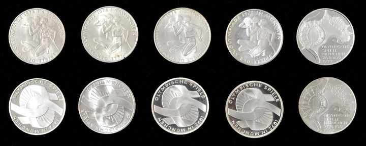 10 x 10 DM, BRD 1971/ 72. Silber. XX. Olympische Sommerspiele in München.a) 4 Exemplare 1971, Jaeger