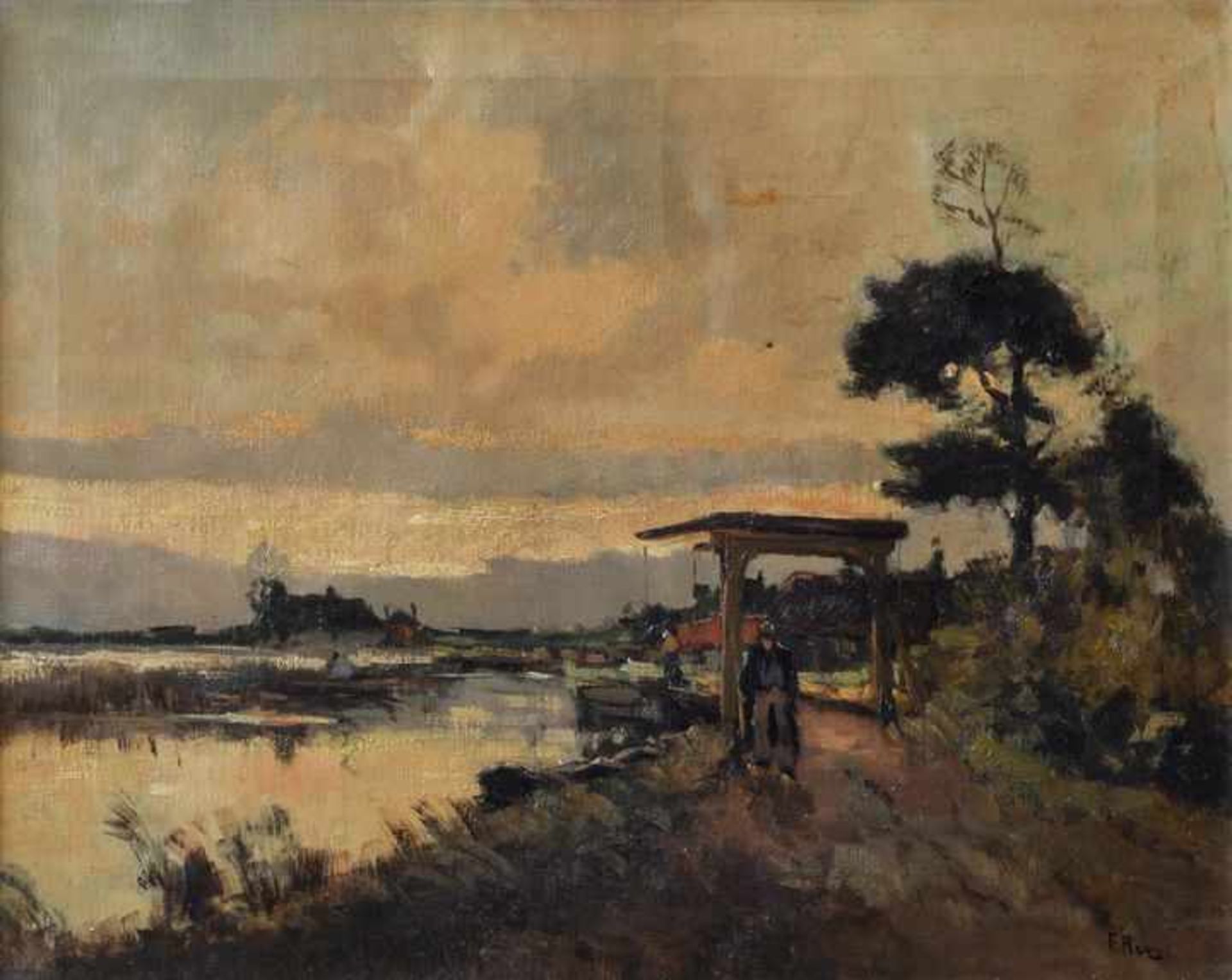 Hoos, Frans Simon. 1884-1966 Den HaagAbendliche Stimmungslandschaft am Kanal. Öl auf Leinwand, re.