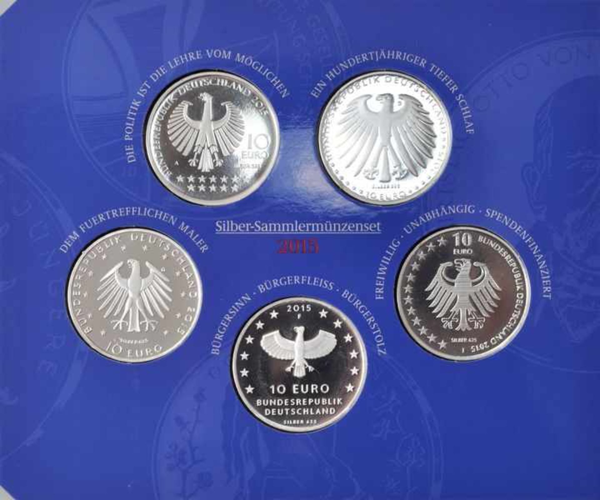 Sammlermünzenset, 5 x 10 Euro, BRD, 2015Jg. 2015, Silber 625, Spiegelglanz, A, D, G, F, J. Orig. - Bild 3 aus 3