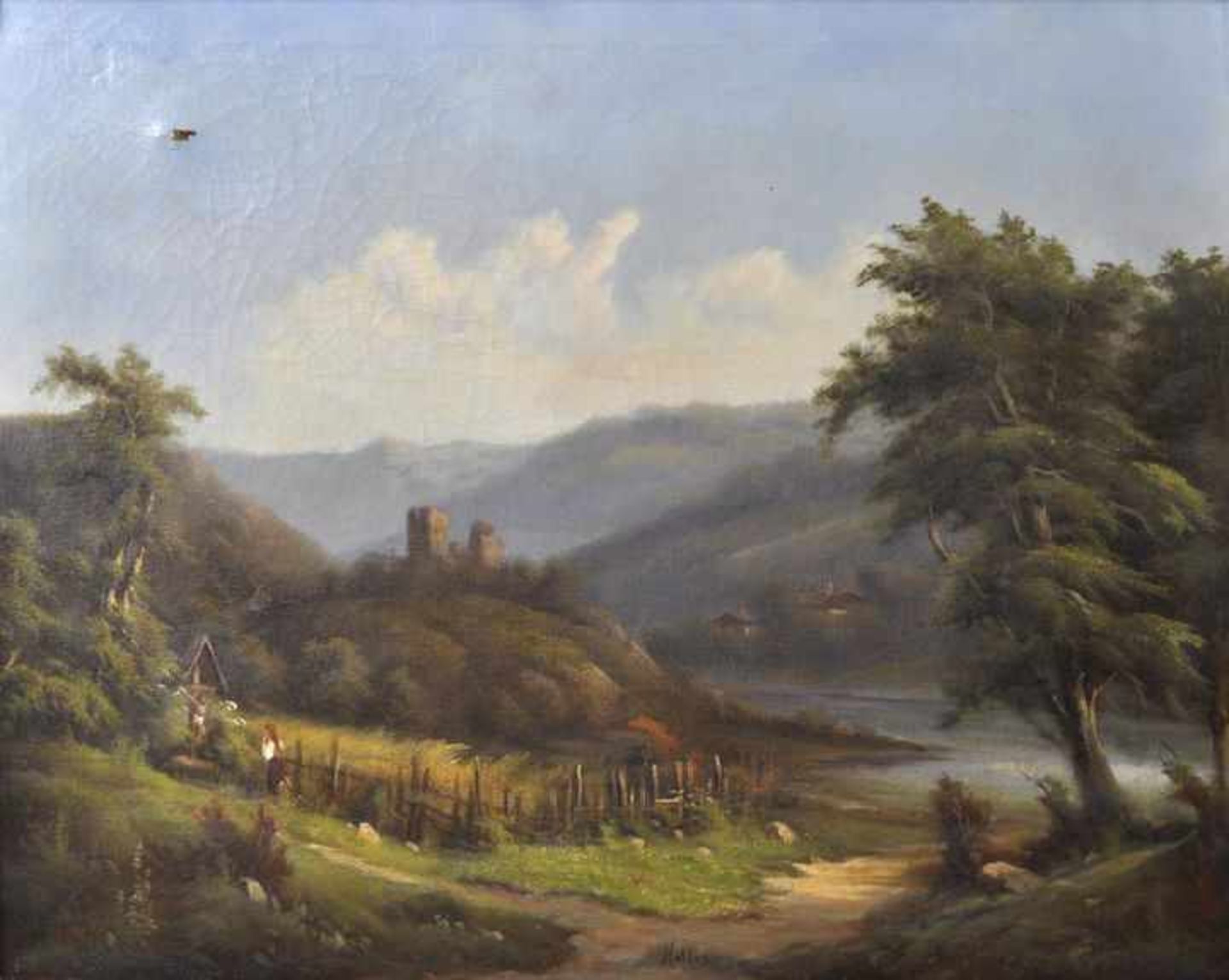 Martin, ? Tätig Mitte 19. Jh.Spätromantische Landschaft mit Burgruine in Flusstal (Rhein?). Um 1850/ - Image 2 of 4