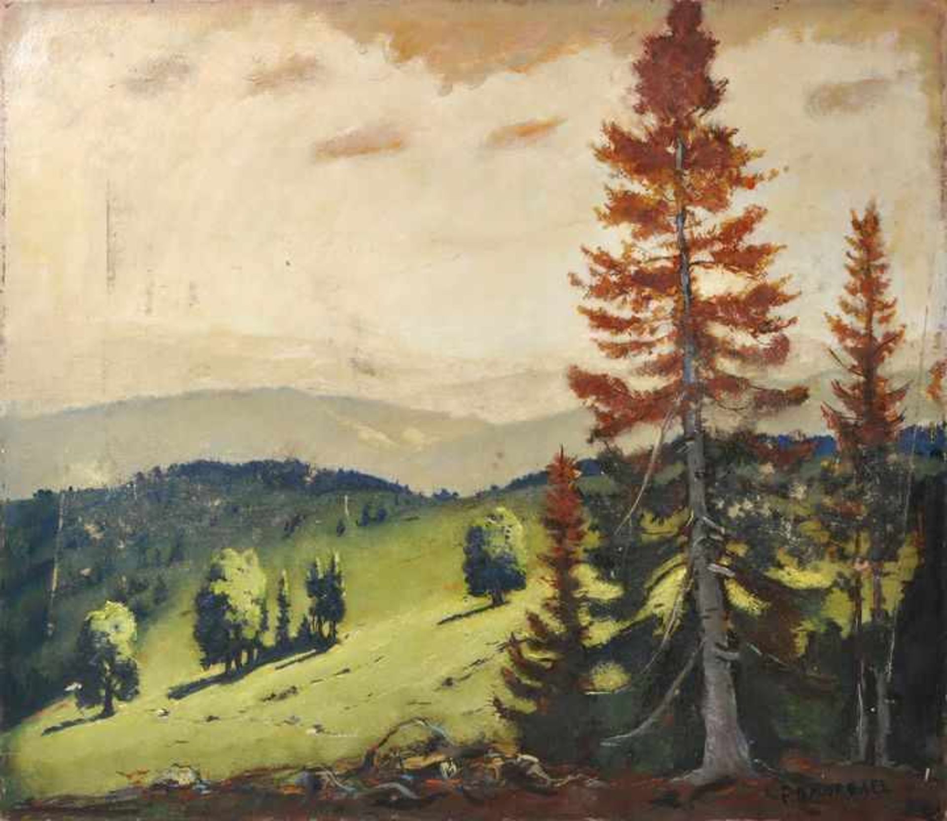 Baudrexel, Eduard. 1890 München-1968 ebd.Folge von drei Landschaften (Voralpen). Öl auf Hartfaser - Bild 3 aus 6