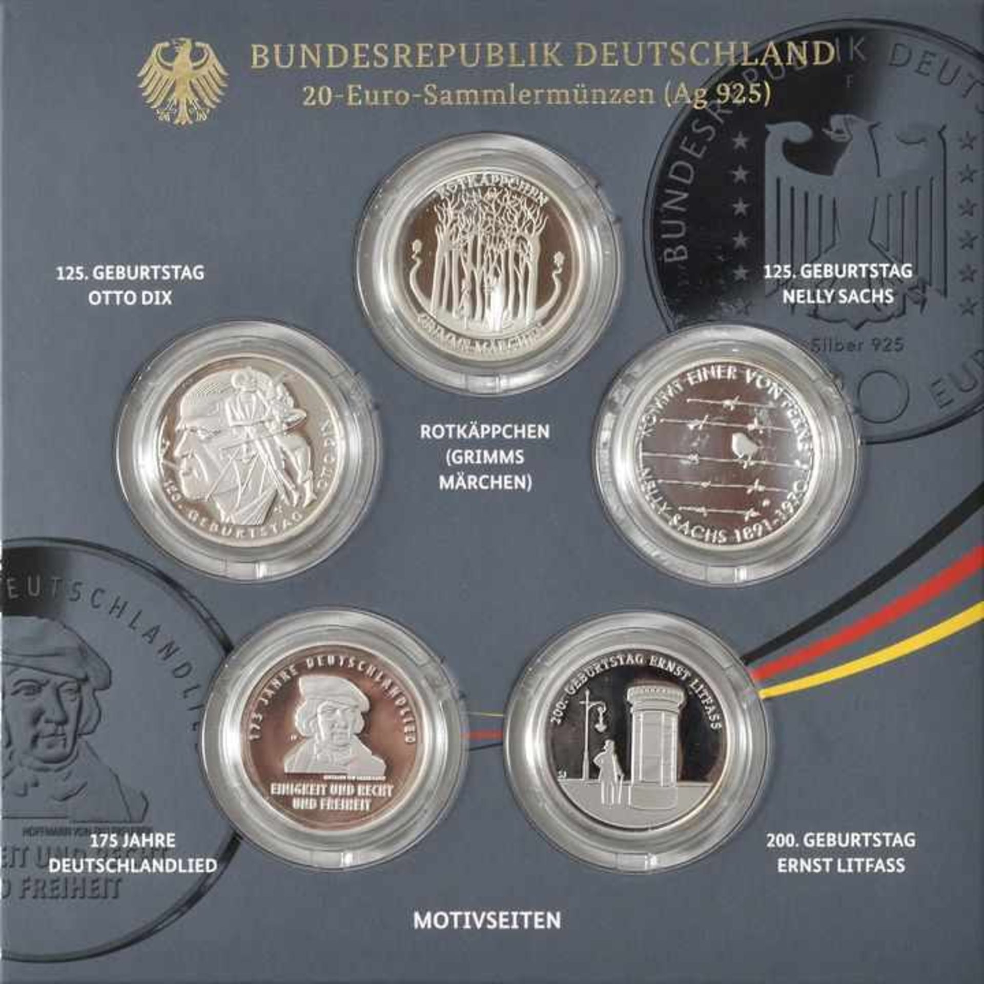 Sammlermünzenset, 5 x 20 Euro, BRD, 2016Jg. 2016, Silber 925, A, G, J, D, F, Spiegelglanz,