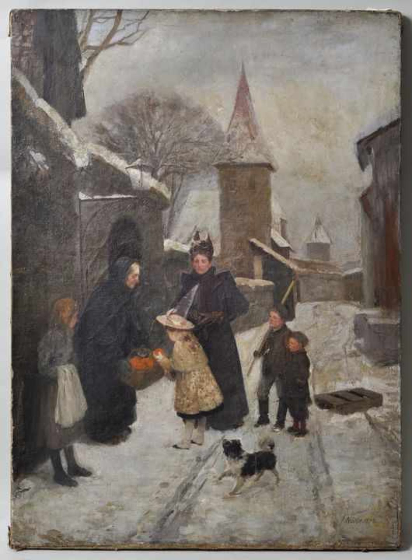 Nöbbe, Jacob. 1850 - 1919 FlensburgGenreszene in winterlicher Gasse: Einkauf aus Barmherzigkeit.