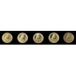 5 x 20 Euro Gold, BRD, 2016Heimische Vögel - 1. Ausg., 2016, 999.9er Gold, je 3,89 g. A, D, F, J, J,