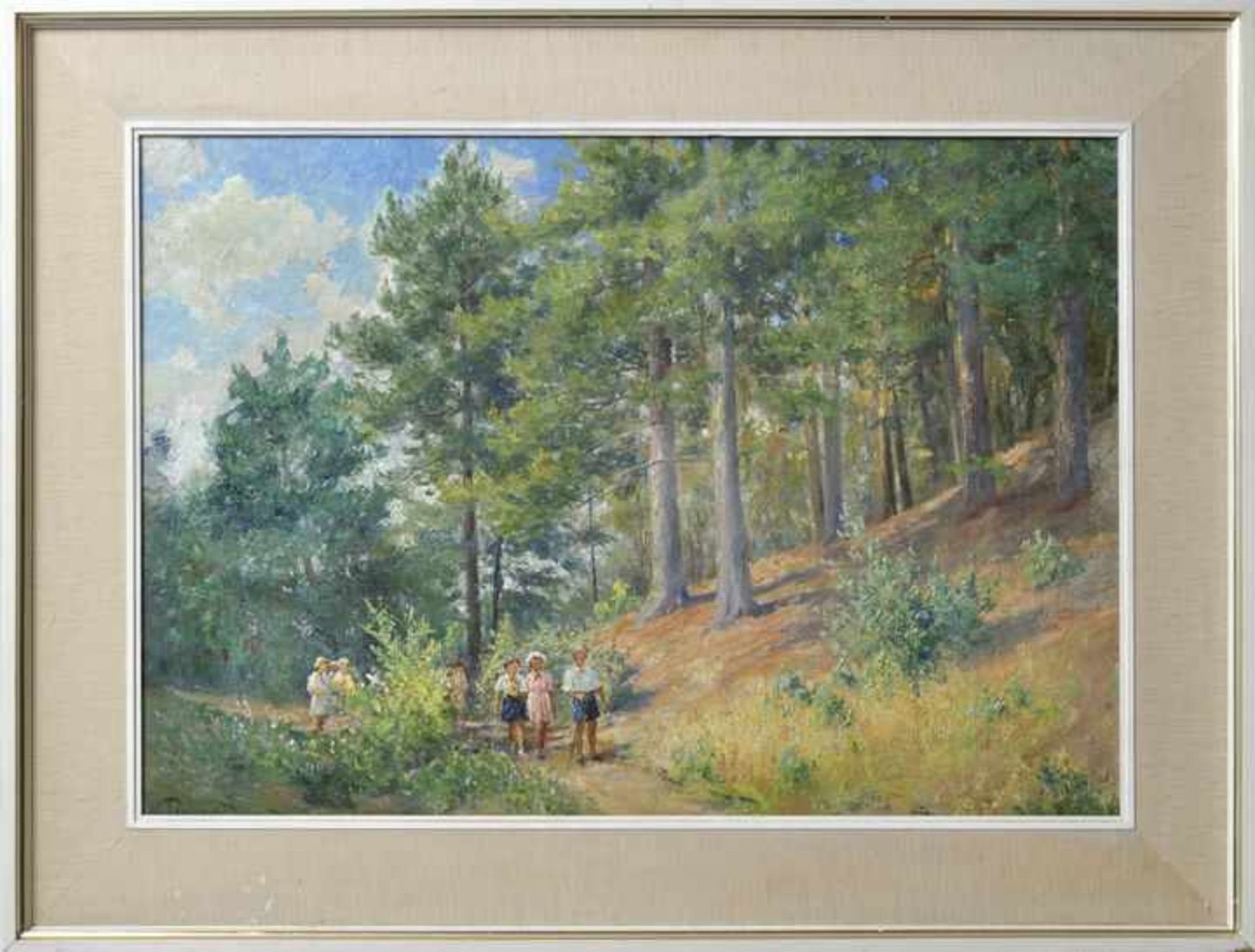 Russischer Künstler, ca. 1970Spaziergang der Jungpioniere im Wald. Öl auf Malplatte, li. u. sign. " - Bild 3 aus 4