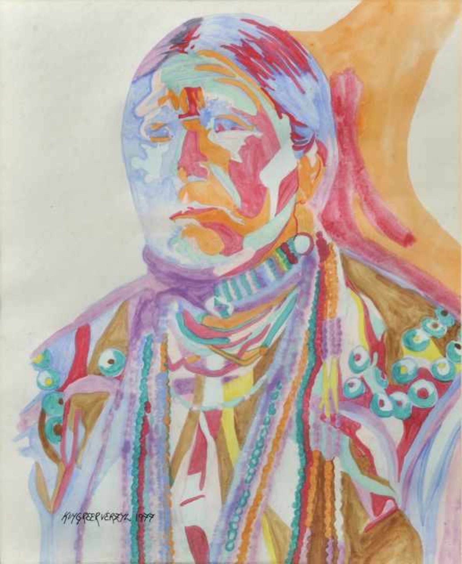 Verzyl, Kim Greer. Geb. 1956 Northport/ N.Y."Pawnee Warrior" (Krieger der Pawnee). 1977. Aquarell/ - Bild 2 aus 6